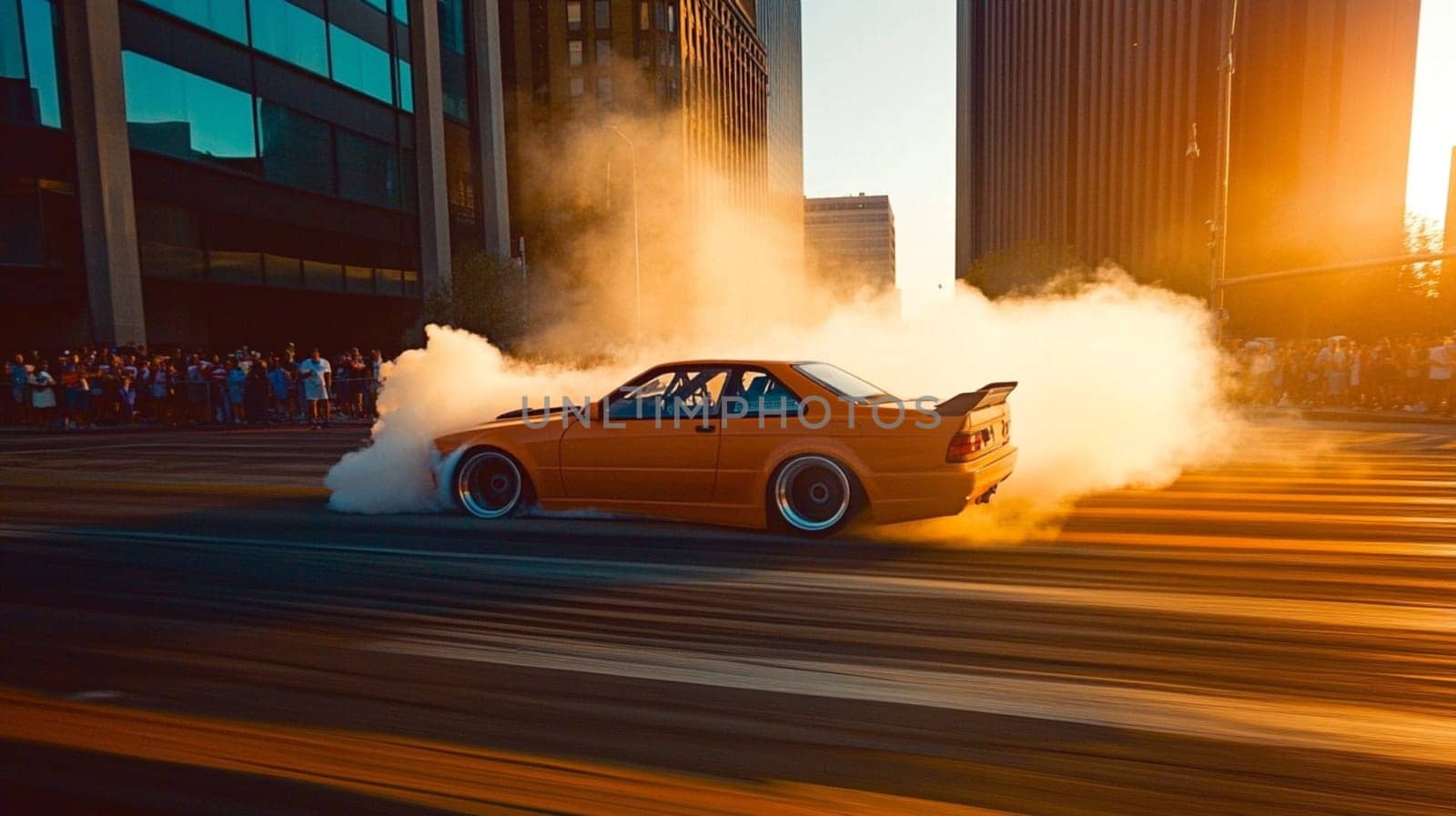 Powerful sports cars race through city streets at sunset, leaving a trail of smoke, thrilling spectators with high speed action