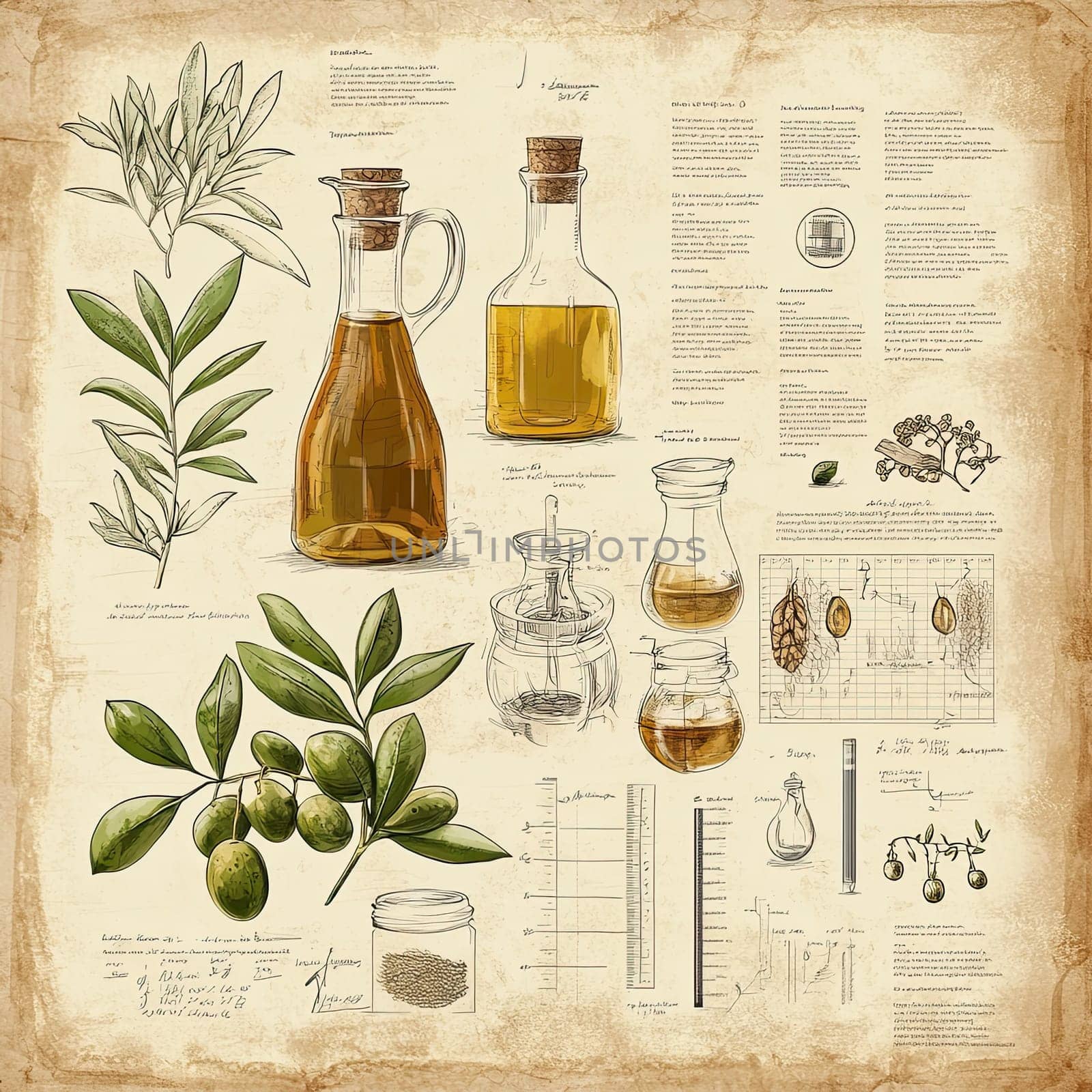 This infographic provides an informative overview of olive oil production, showcasing botanical illustrations, glass containers, and detailed descriptions of the extraction process and benefits.