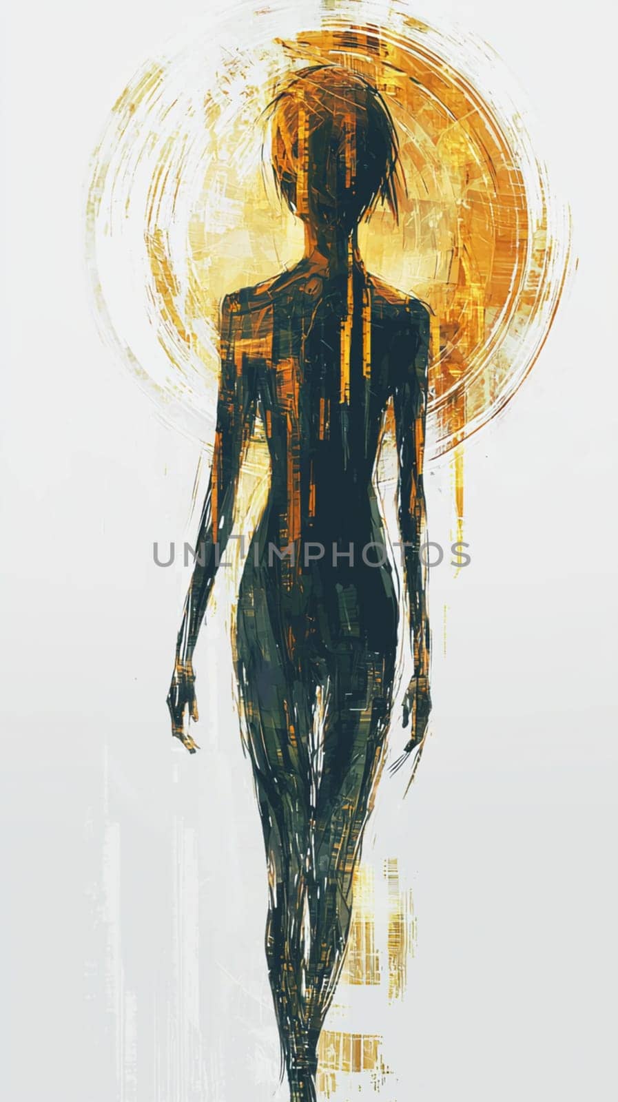 Abstract digital painting of a woman walking with a golden circle behind her head, symbolizing spirituality, enlightenment, and the divine feminine