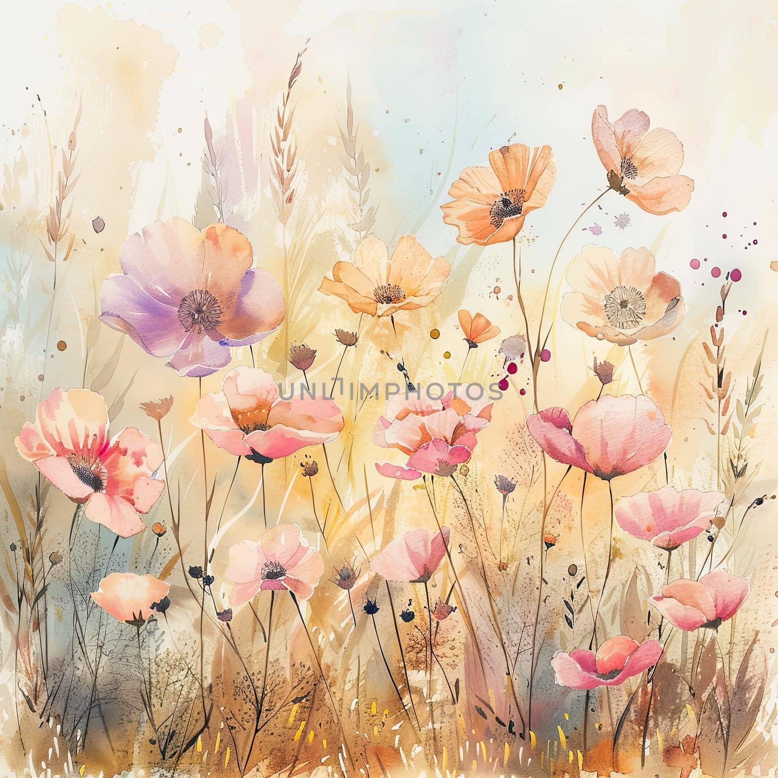 This artwork features a stunning arrangement of wildflowers in various shades, creating a lively atmosphere in a summer meadow during the golden hour.