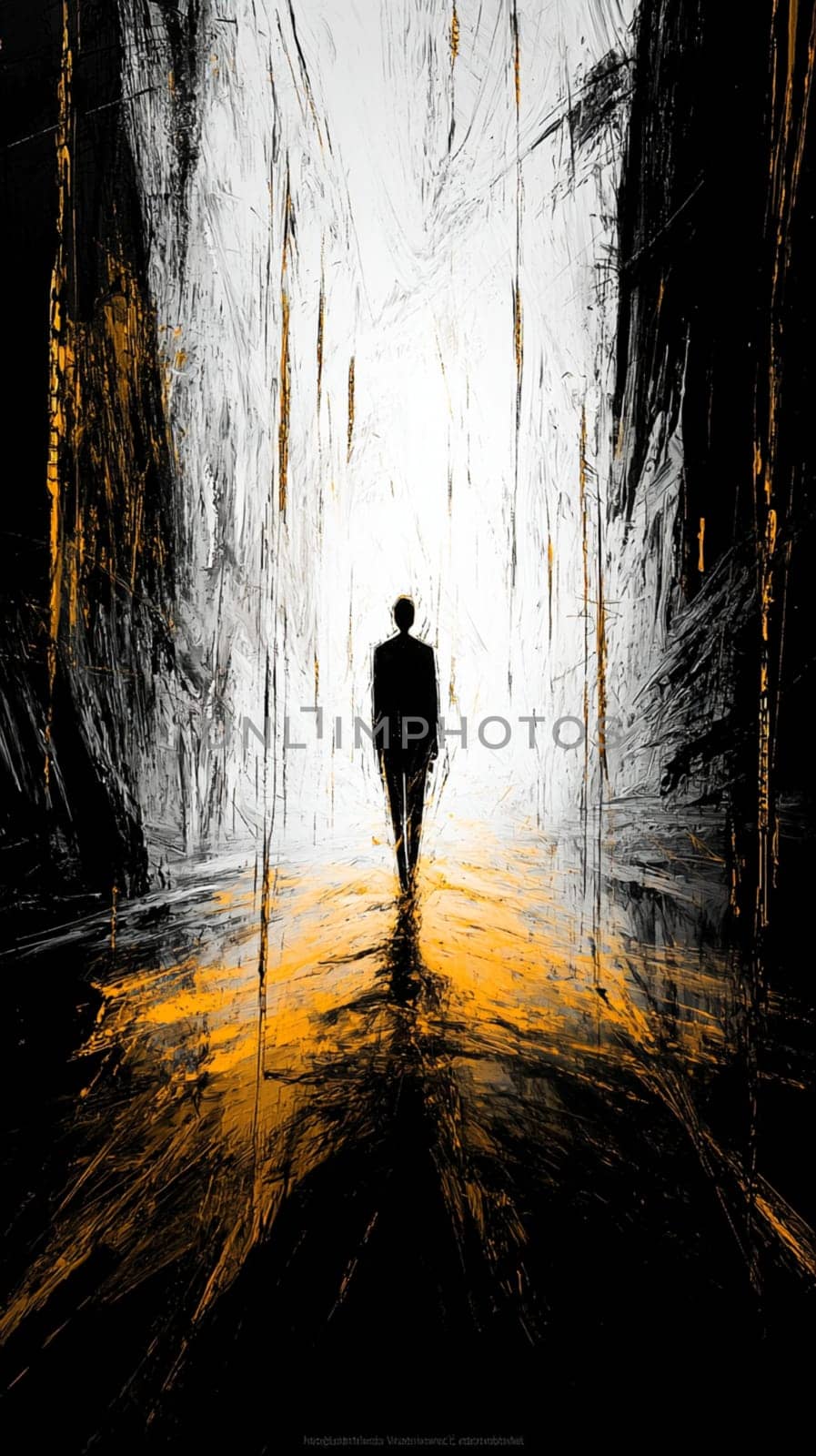 Businessman is walking into a bright light at the end of a dark abstract tunnel, symbolizing hope, opportunity, and the future