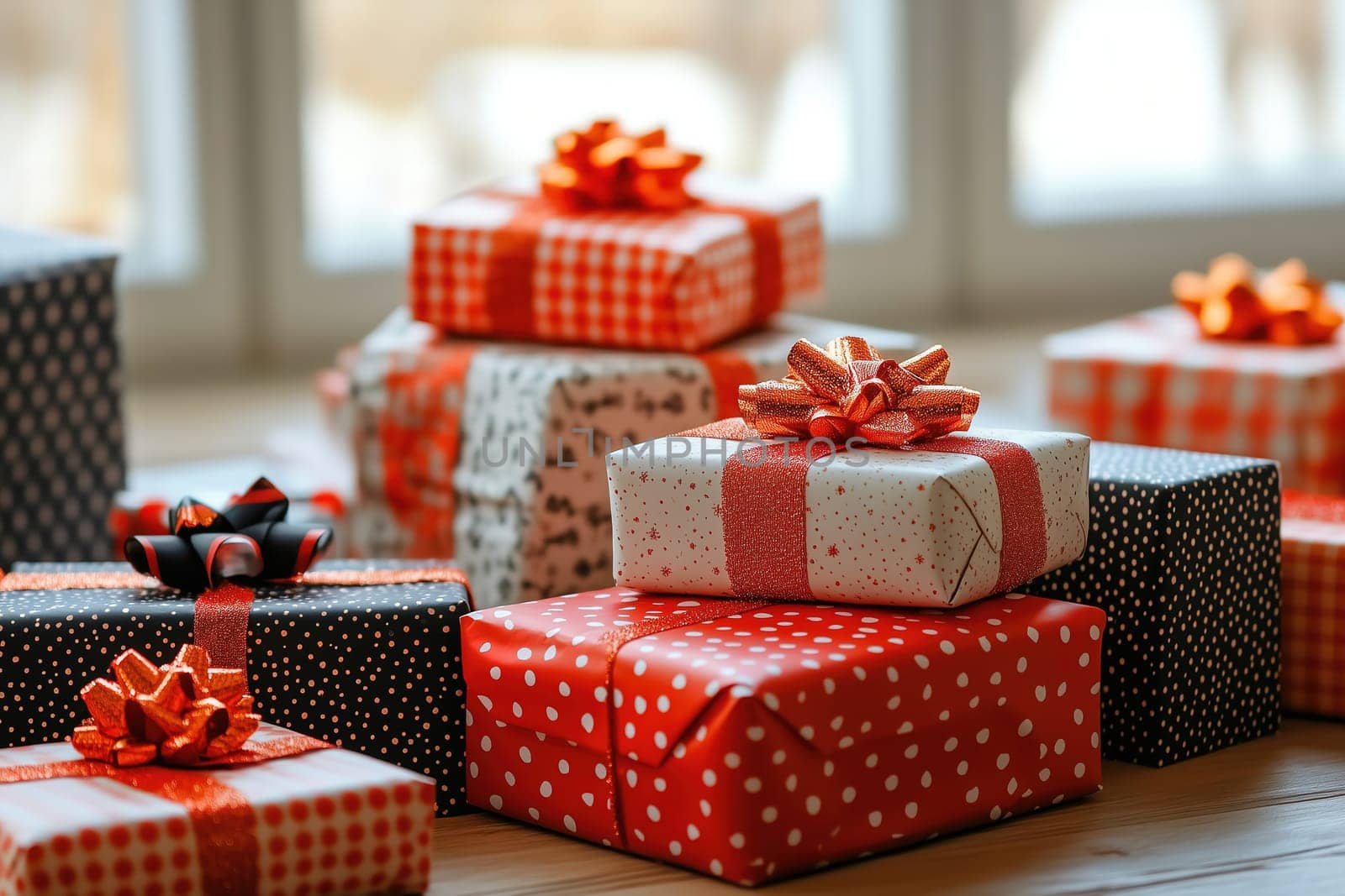 Wrapped gifts in various patterns and colors are scattered across a wooden floor, illuminated by natural light streaming through the windows, creating a festive atmosphere.