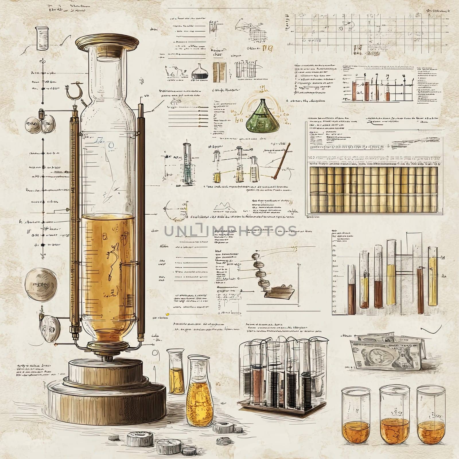 An elaborately detailed laboratory display showcases various glass vessels filled with yellow liquid. Surrounding notes and sketches illustrate scientific methods and measurements.
