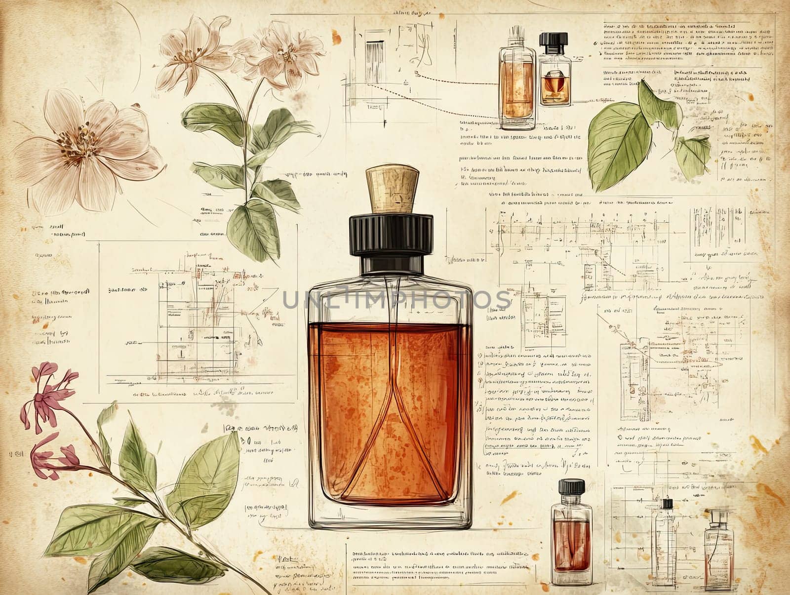This visual presentation features an artistic depiction of a vintage perfume bottle alongside botanical illustrations and technical schematics, highlighting craftsmanship and design.
