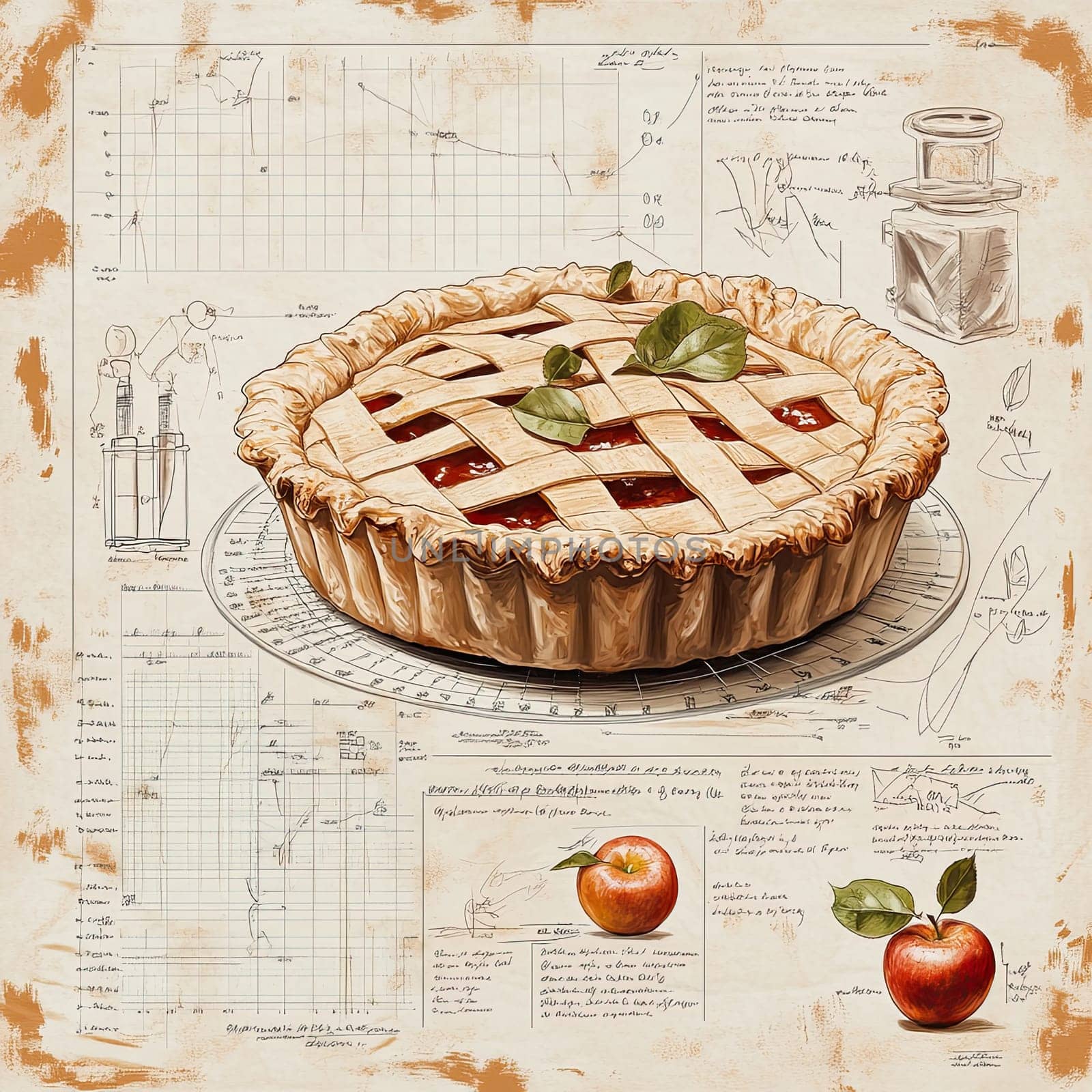 An informative infographic menu features a beautifully baked apple pie, complete with a lattice crust and serving suggestions, alongside cooking tips and diagrams.
