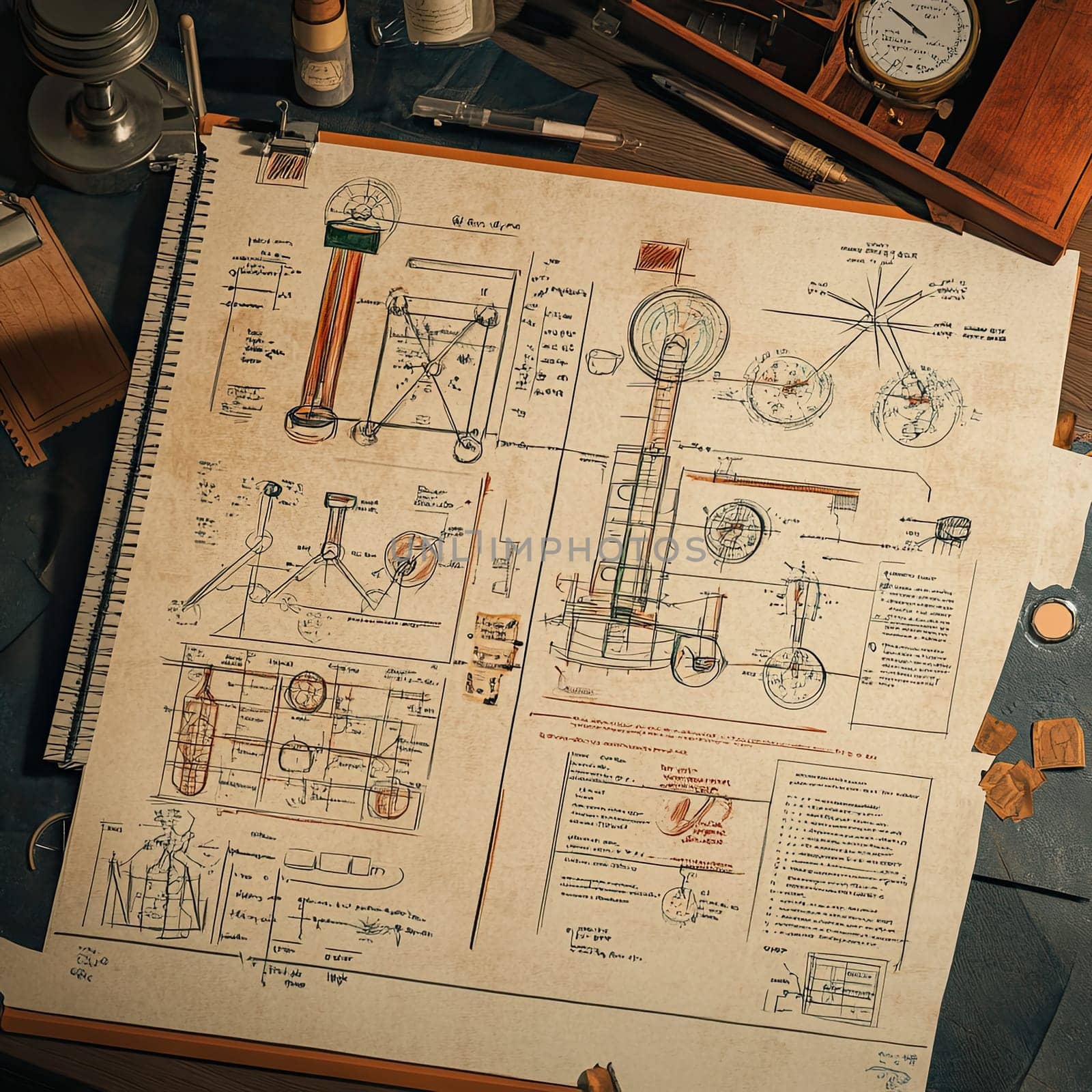 The workspace displays intricate engineering blueprints, featuring detailed sketches and calculations for mechanical designs, surrounded by tools and materials.