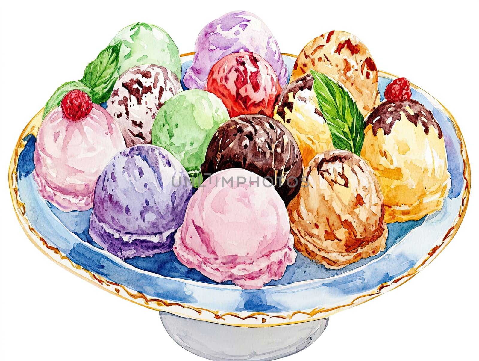 A beautifully arranged platter holds twelve vibrant ice cream scoops in various flavors, showcasing colors like pink, green, purple, and brown, garnished with mint leaves.