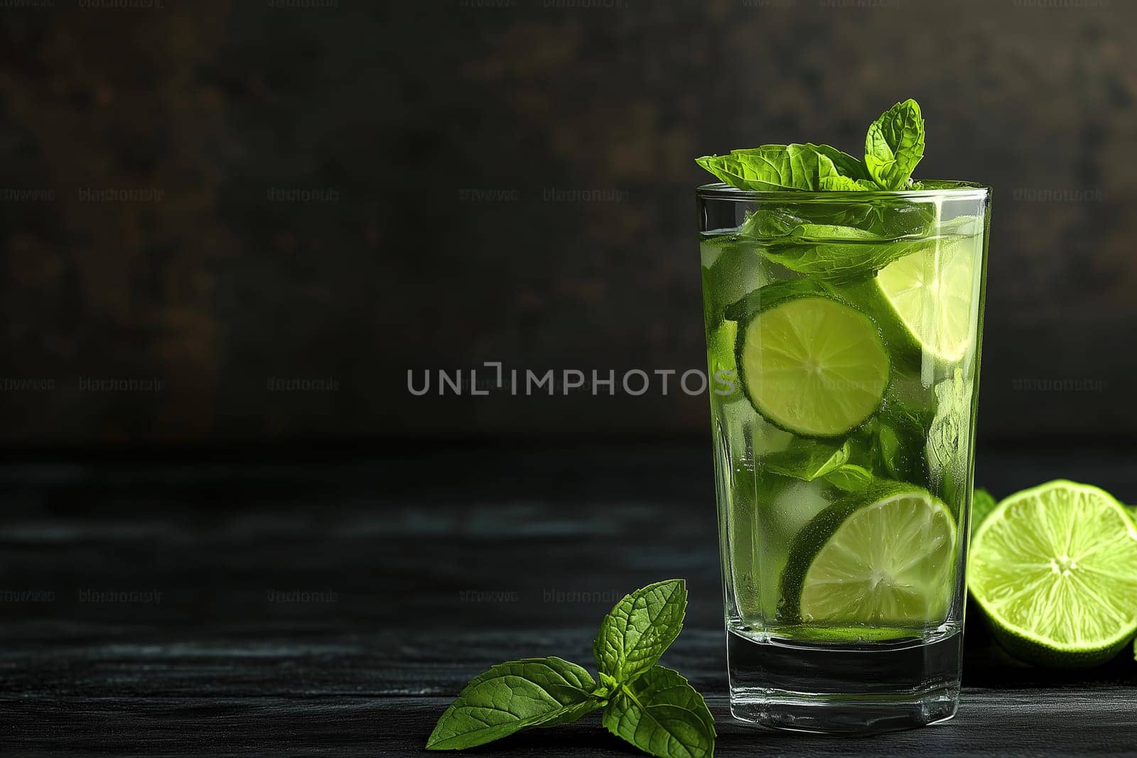 A tall glass filled with mojito features fresh lime slices and mint leaves, creating a refreshing drink on a dark, textured surface.