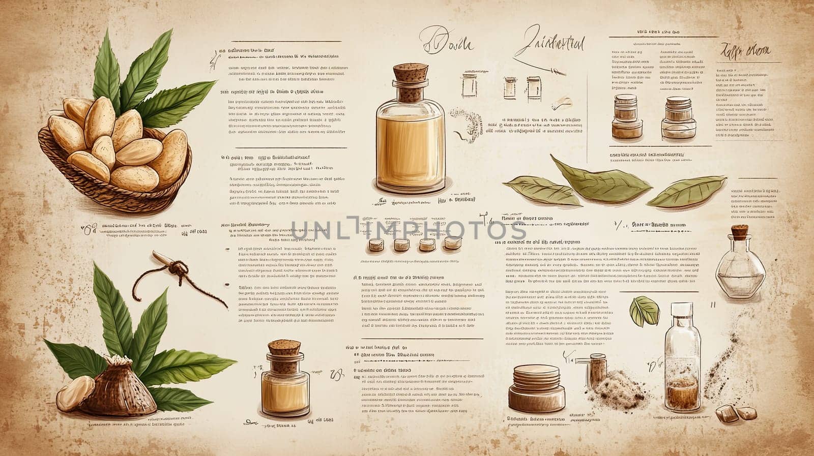 This infographic details various natural ingredients used in skincare, including oils, extracts, and their beneficial properties, along with preparation methods and applications.