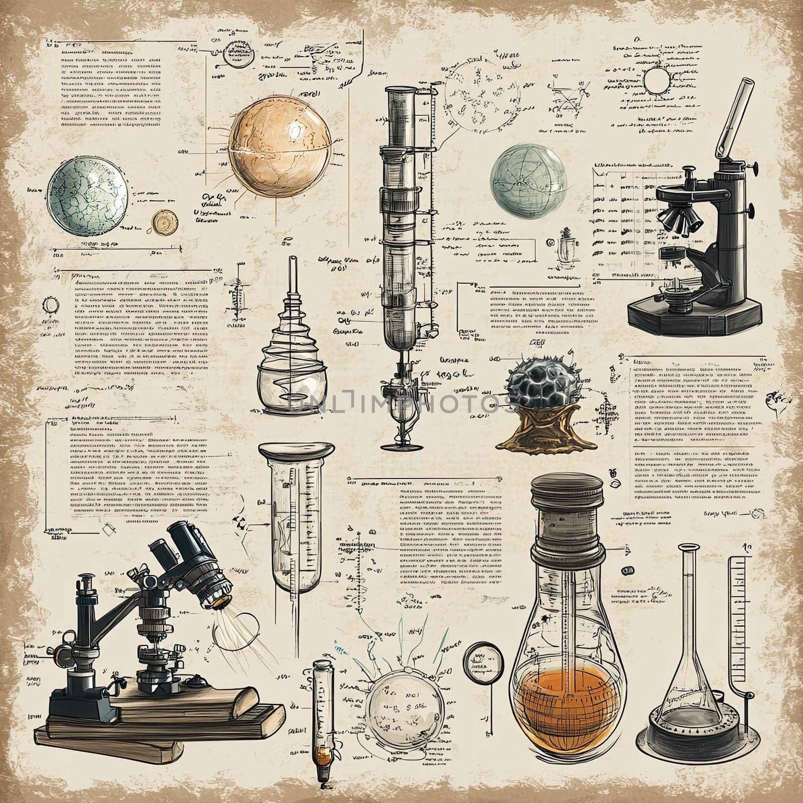 A collection of vintage scientific instruments and illustrations showcases telescopes, microscopes, and various lab equipment, emphasizing the beauty of science and exploration.