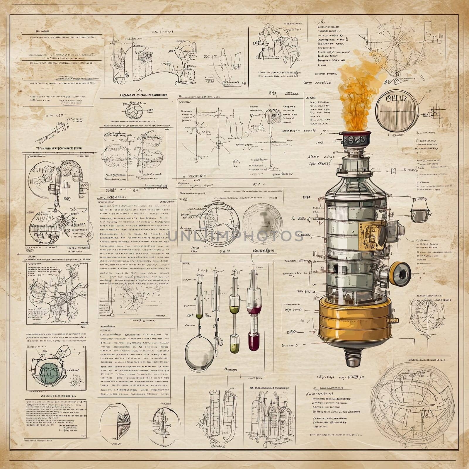 Detailed technical drawings depict a steam engine surrounded by various scientific diagrams and sketches, showcasing its design and operation principles.