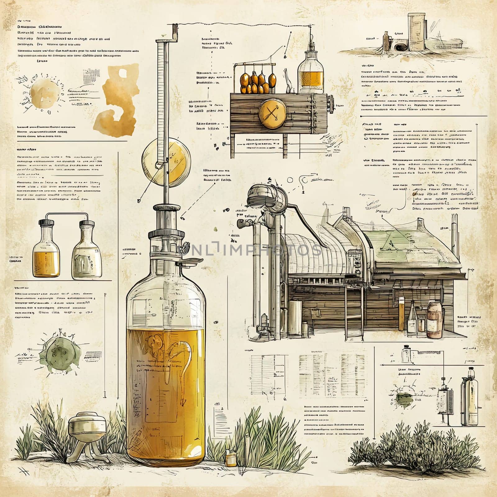 This infographic outlines the distillation process, featuring labeled diagrams of equipment and ingredients used in a laboratory. It conveys complex scientific information clearly.