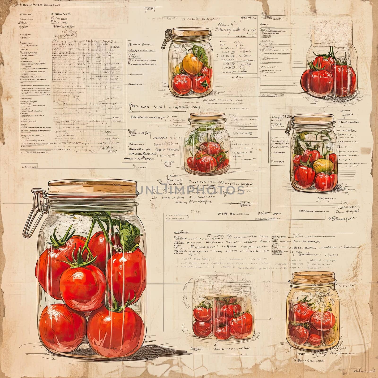 A colorful infographic features various types of tomatoes in glass jars. It includes handwritten notes and preserving instructions, highlighting their uses and characteristics.