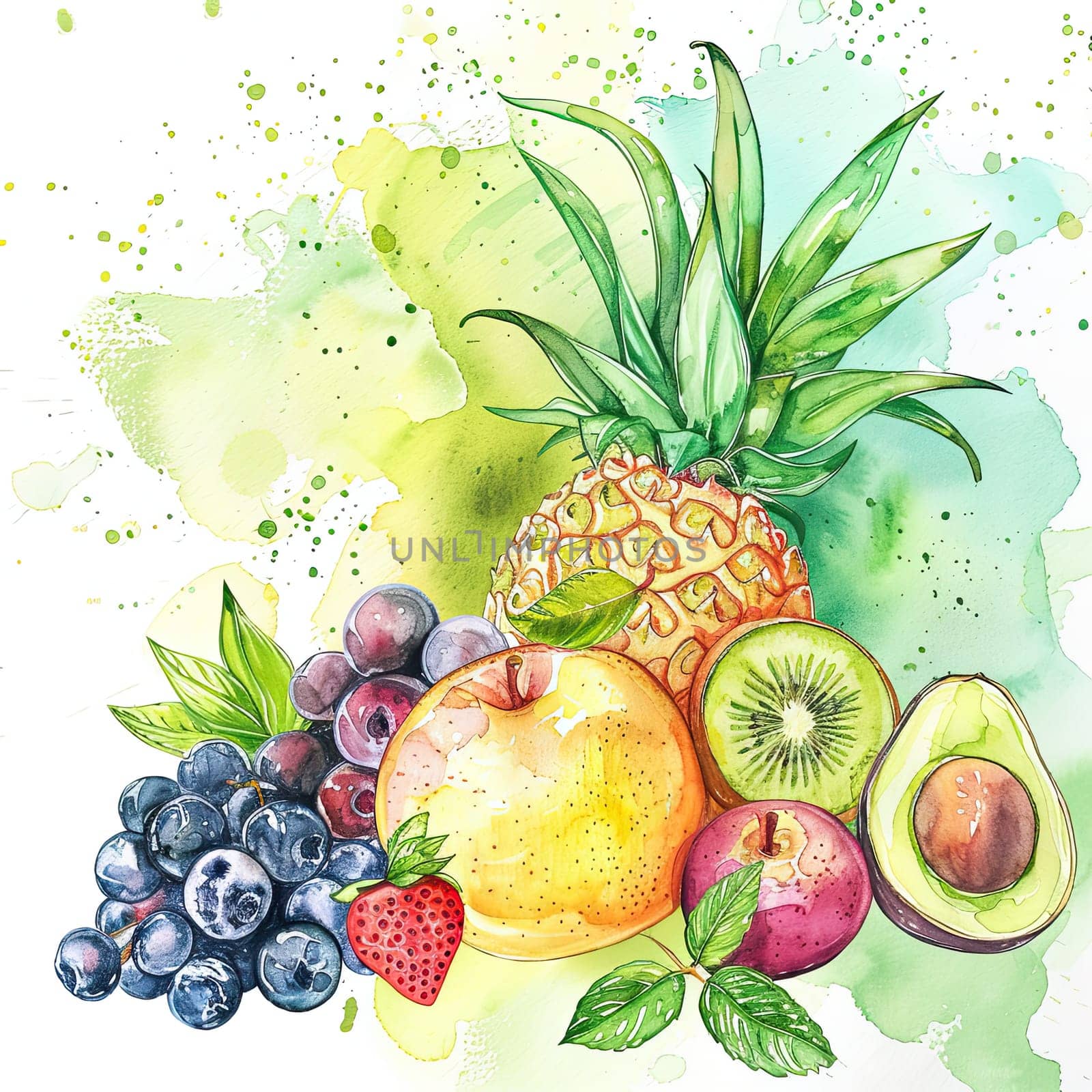 A vibrant watercolor artwork features an assortment of fruits, showcasing a pineapple, grapes, kiwi, avocado, and berries against a lively, colorful backdrop.