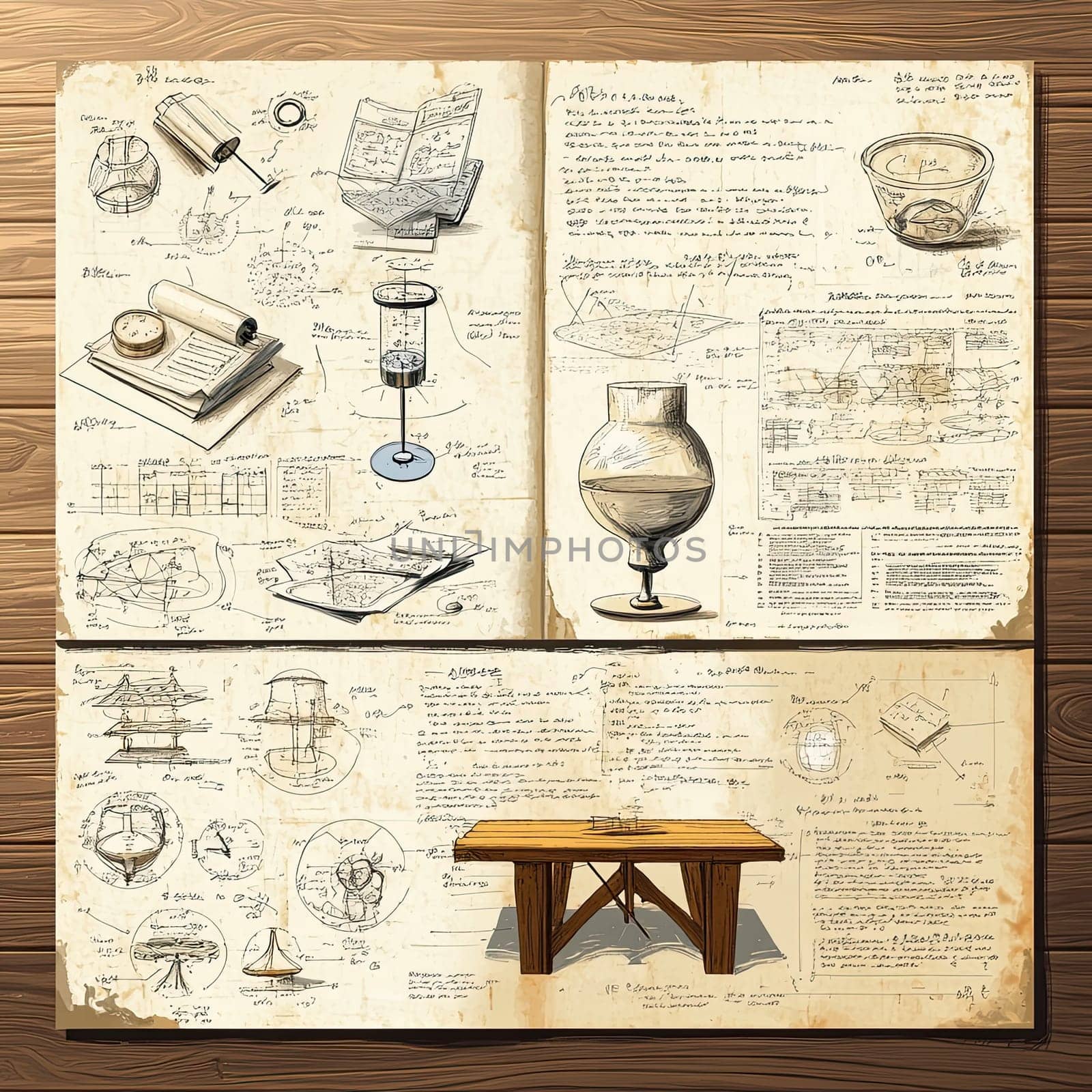 An intricate infographic menu presents a collection of hand-drawn sketches and notes on various scientific instruments, demonstrating innovative ideas and experimentation methods developed over time.