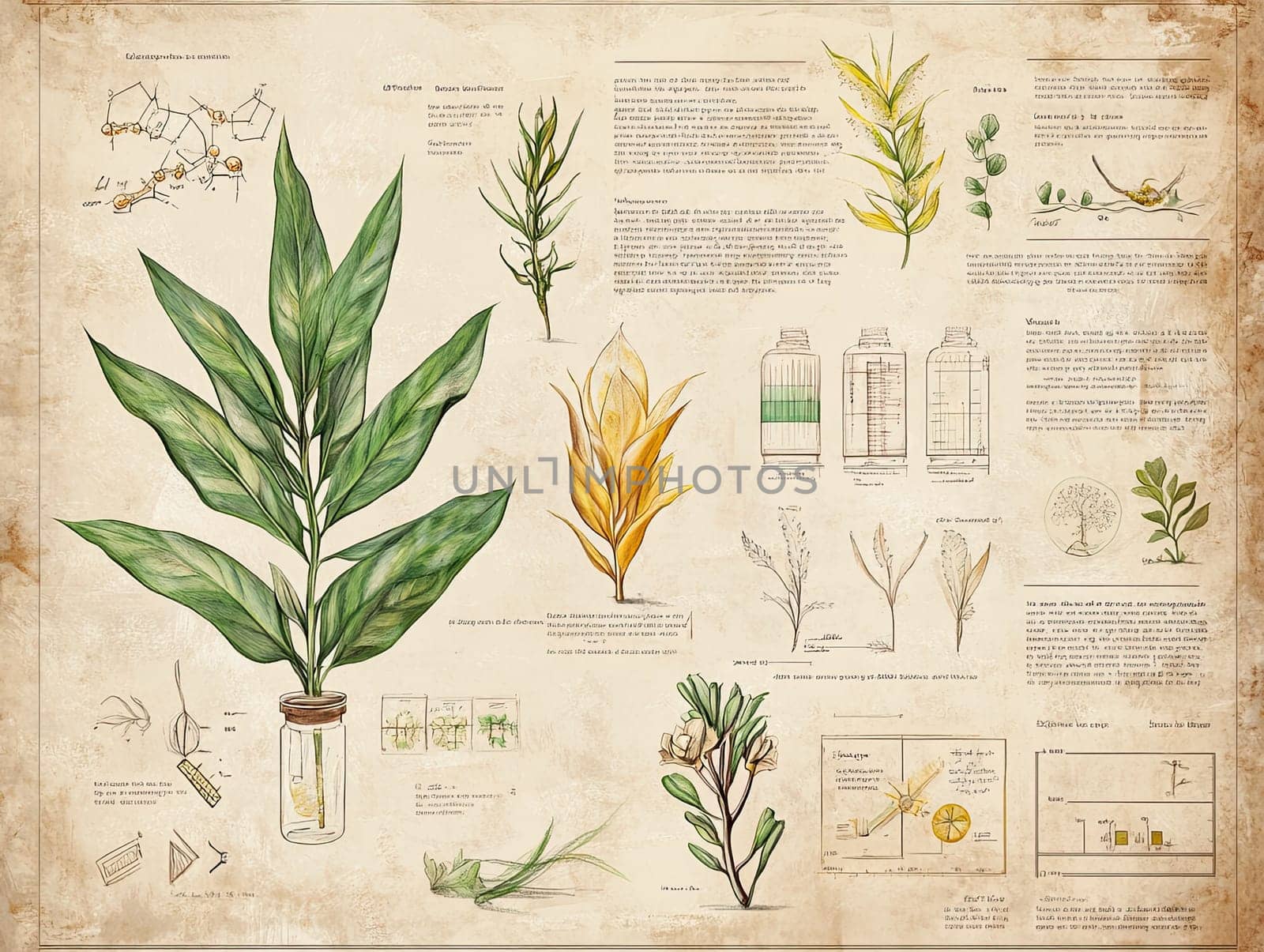 This artwork features a collection of plant illustrations, complete with educational labels and notes on their characteristics, highlighting their significance in botany.