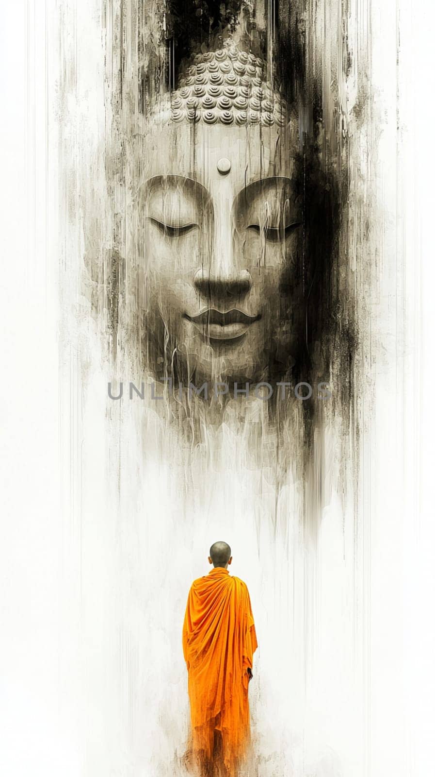 Buddhist monk wearing an orange kasaya walking on a stone surface towards a giant buddha head