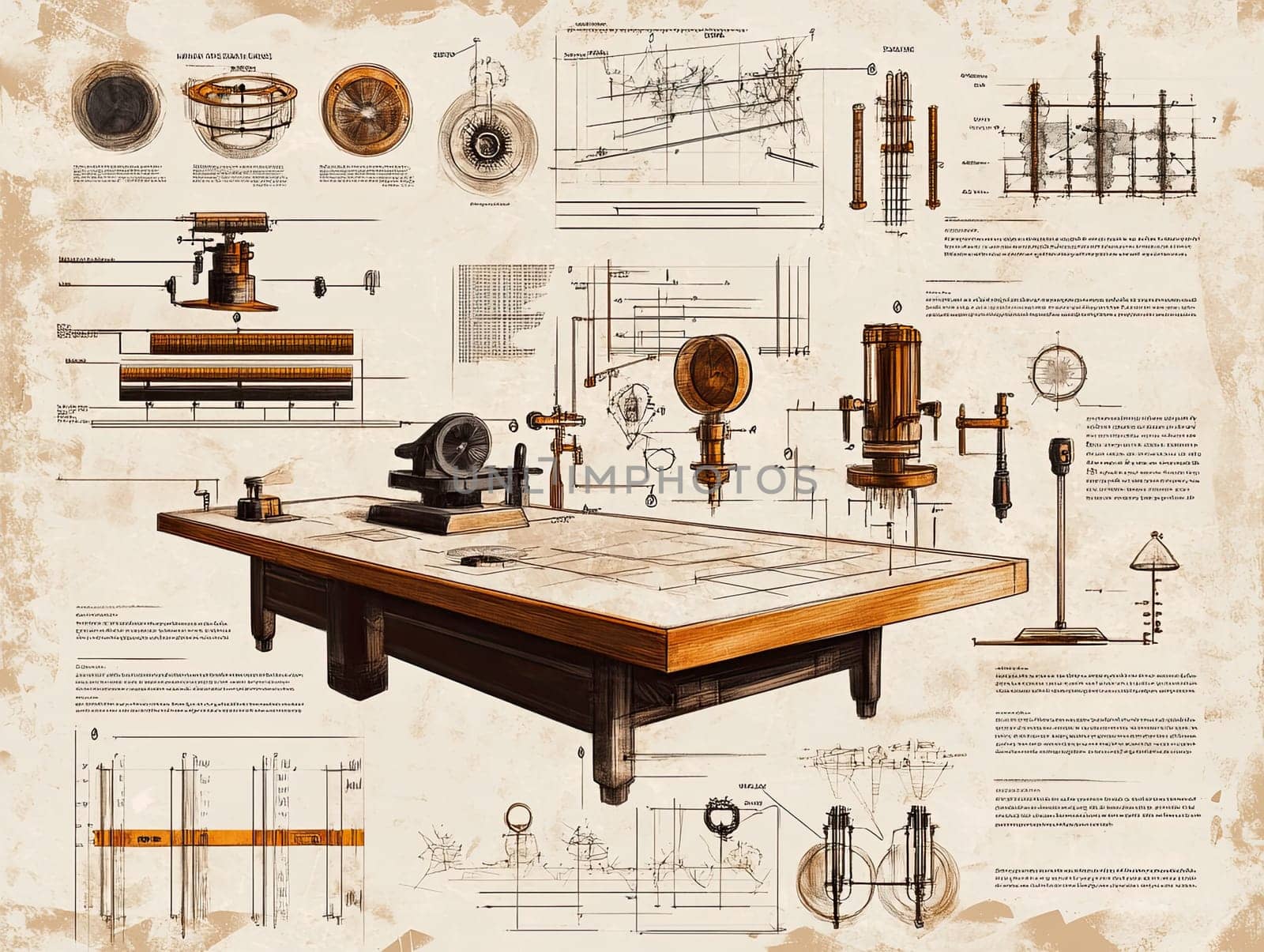 A detailed infographic layout showcases various scientific instruments arranged on a wooden table, surrounded by intricate sketches and diagrams, highlighting educational concepts.