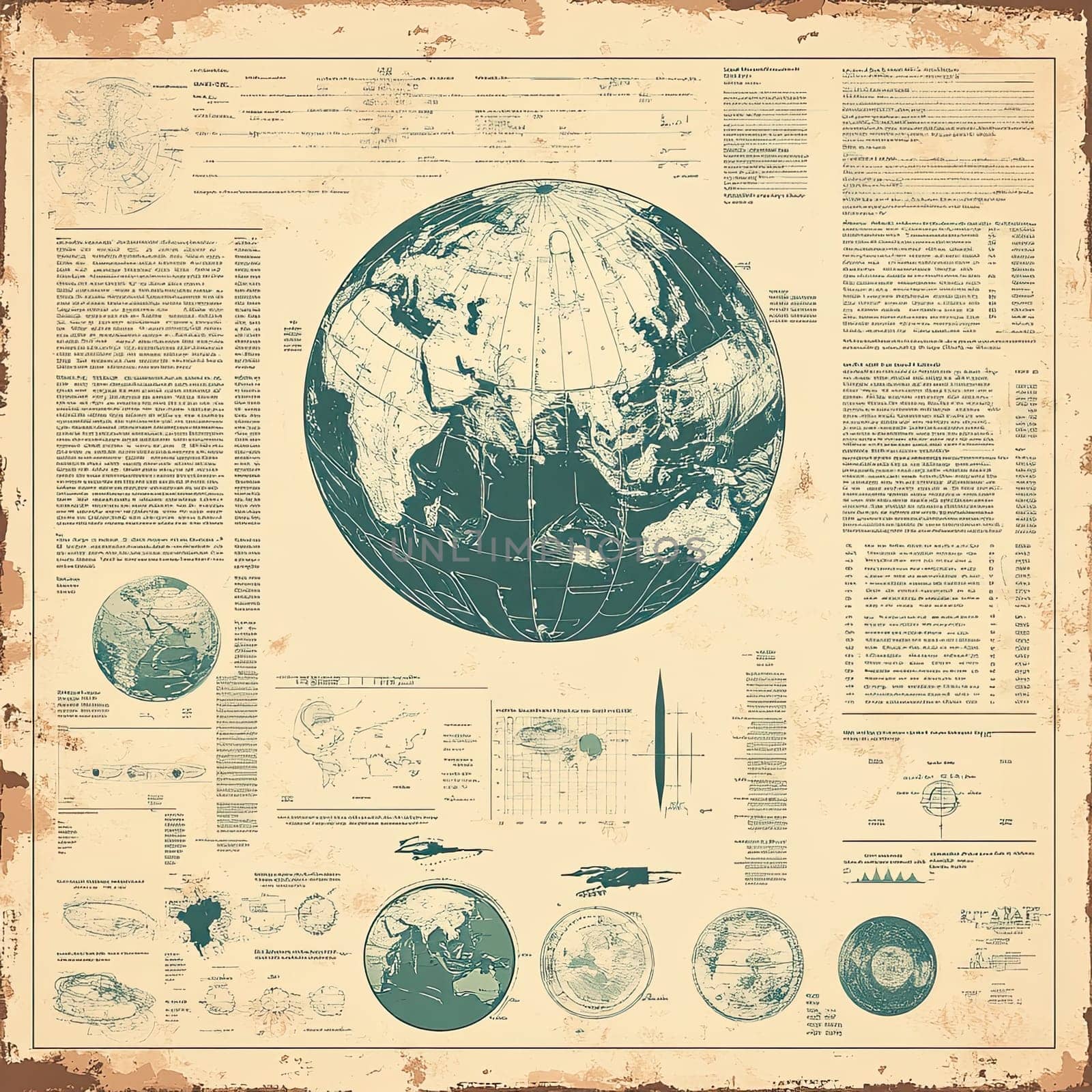An informative infographic menu presents an intricate world map along with geographical data, charts, and historical references, focusing on global regions and features.