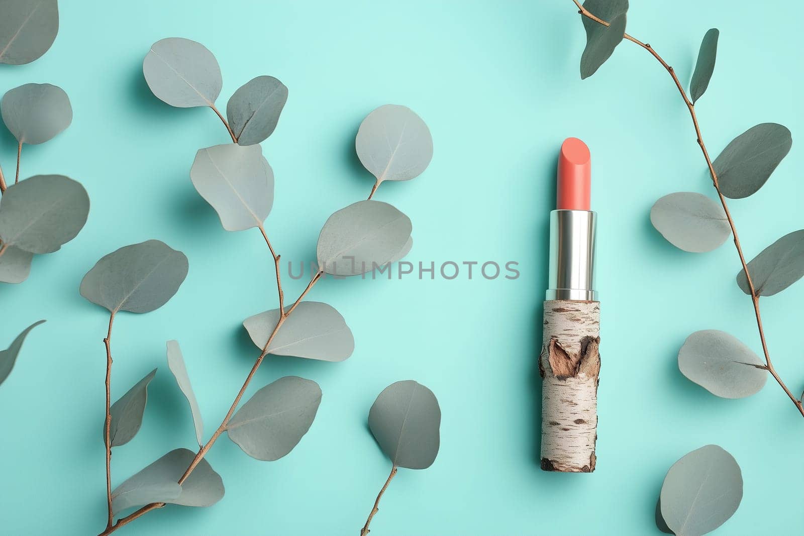 A coral lipstick stands upright amidst strategically placed eucalyptus leaves, showcasing a modern, natural aesthetic on a soft blue surface.