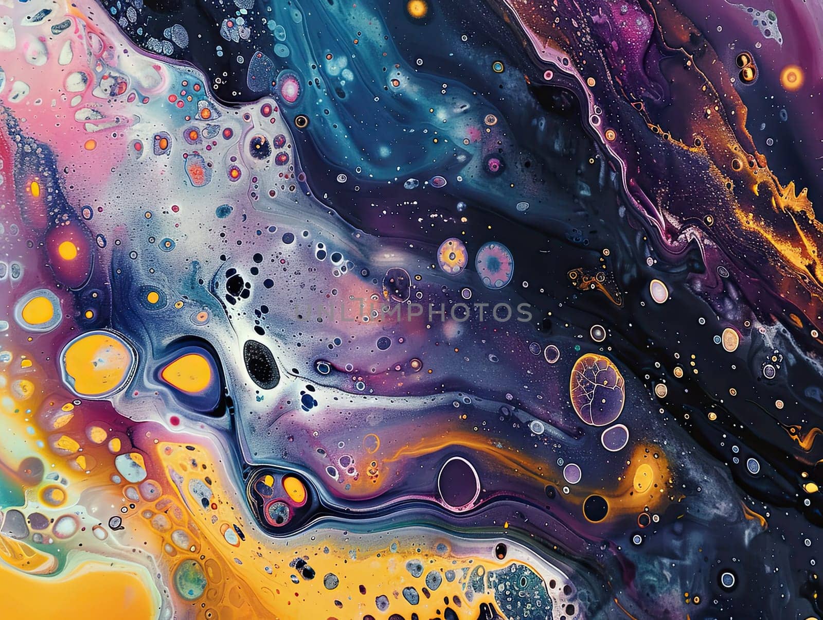 Swirling patterns of vibrant colors create a rich abstract composition evoking a cosmic scene, blending deep blues, radiant oranges, and luminous purples.