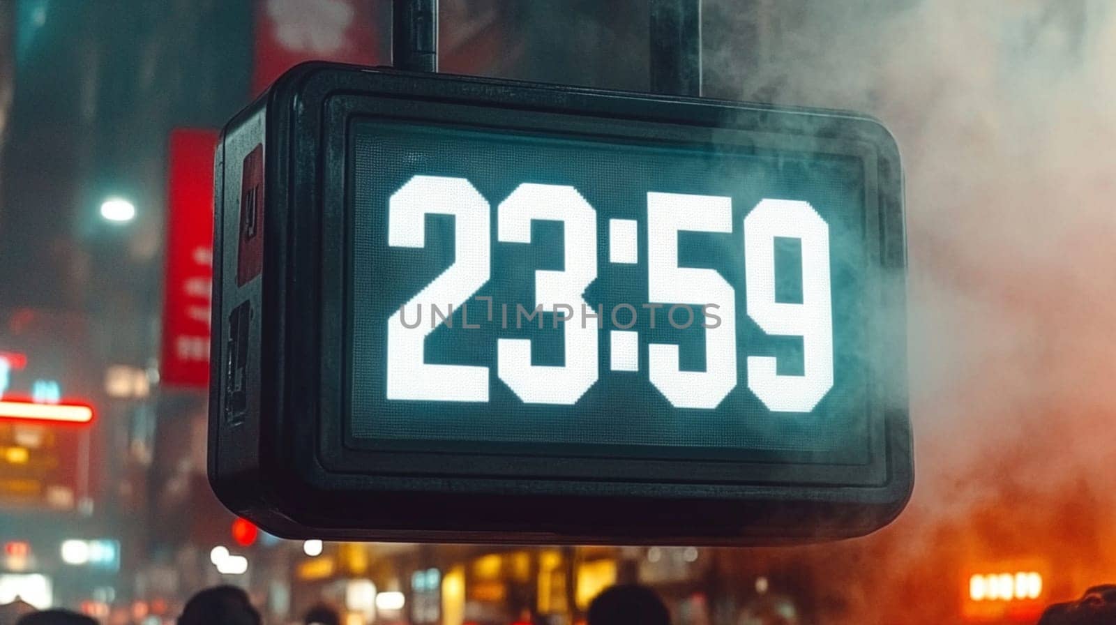 Digital clock shows 23,59 in a city street at night, with blurred lights and a festive atmosphere. People rush through the urban landscape, immersed in lively nightlife