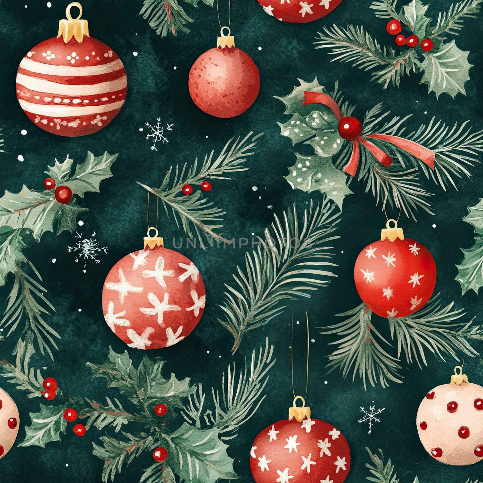 Vibrant Christmas ornaments in red and gold hang among holly leaves and pine branches, set against a dark background that enhances the festive atmosphere.