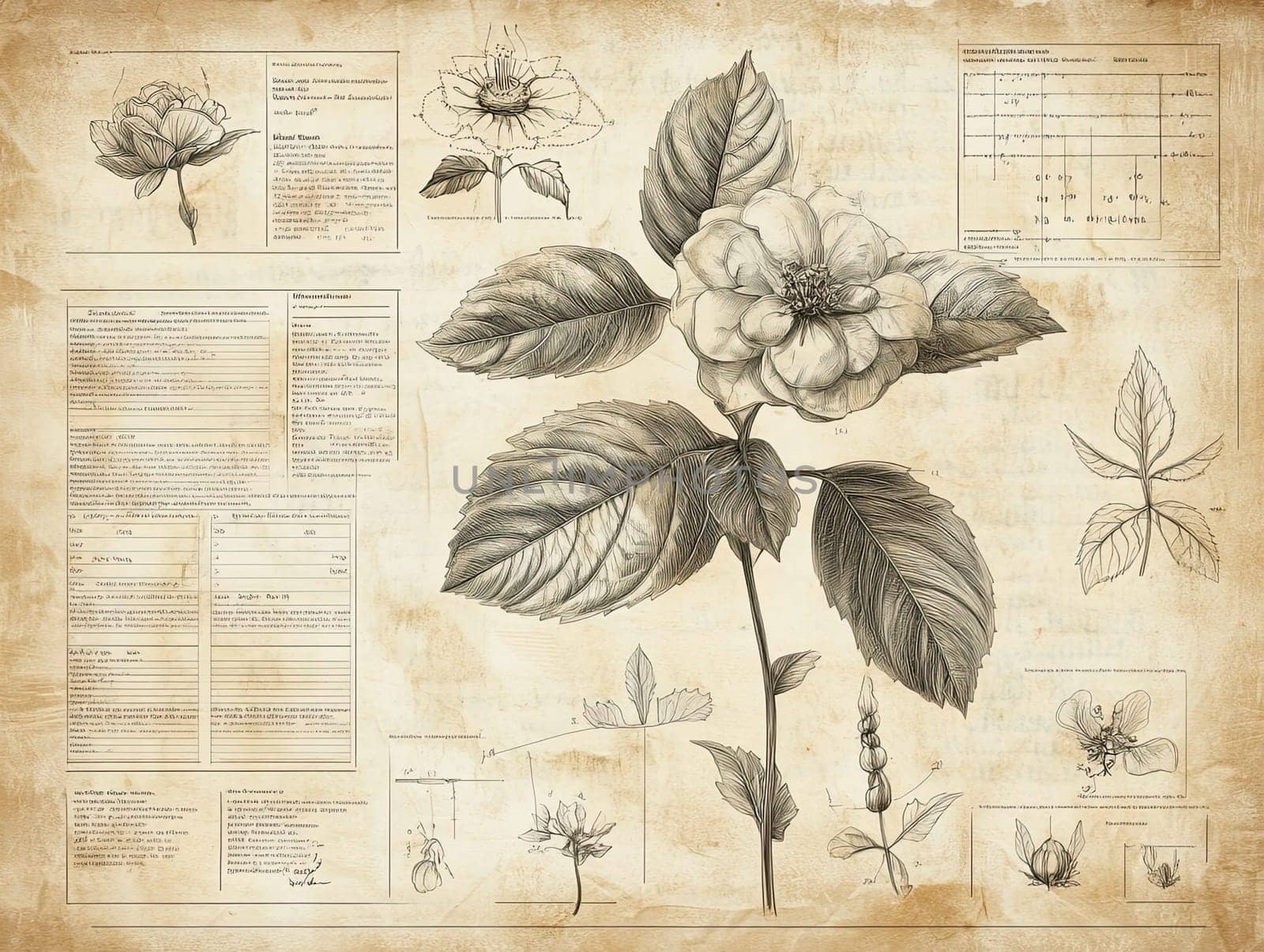 A beautifully detailed botanical illustration features a flowering plant with leaves and buds, accompanied by sketches and scientific notes, all on aged paper.