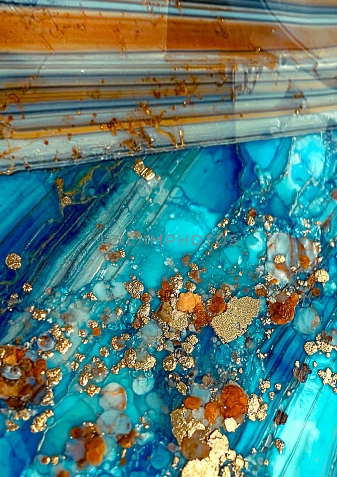 A mesmerizing display of blue and gold abstract art features flowing patterns and glimmering accents. The intricate swirls create depth and visual interest, inviting closer examination.