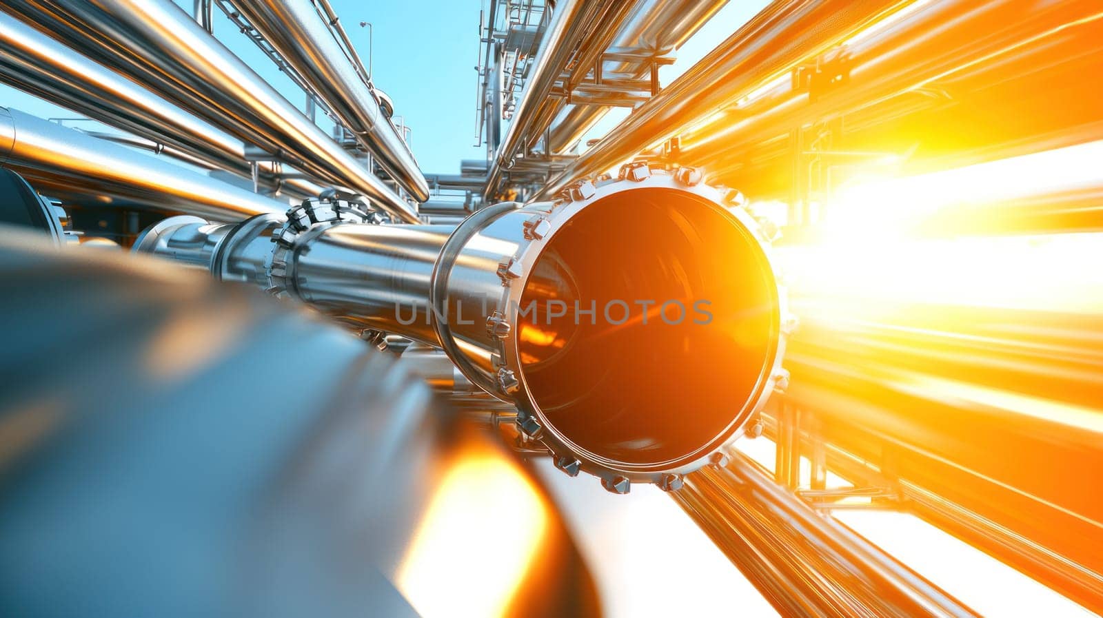 High tech fuel refinery plant with complex pipelines and bright sunlight.