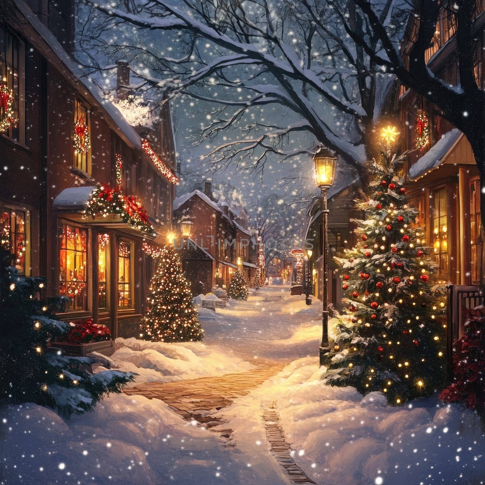 The village is transformed into a winter wonderland with gently falling snow, glittering decorations, and warm lights radiating from cozy homes, inviting holiday cheer.