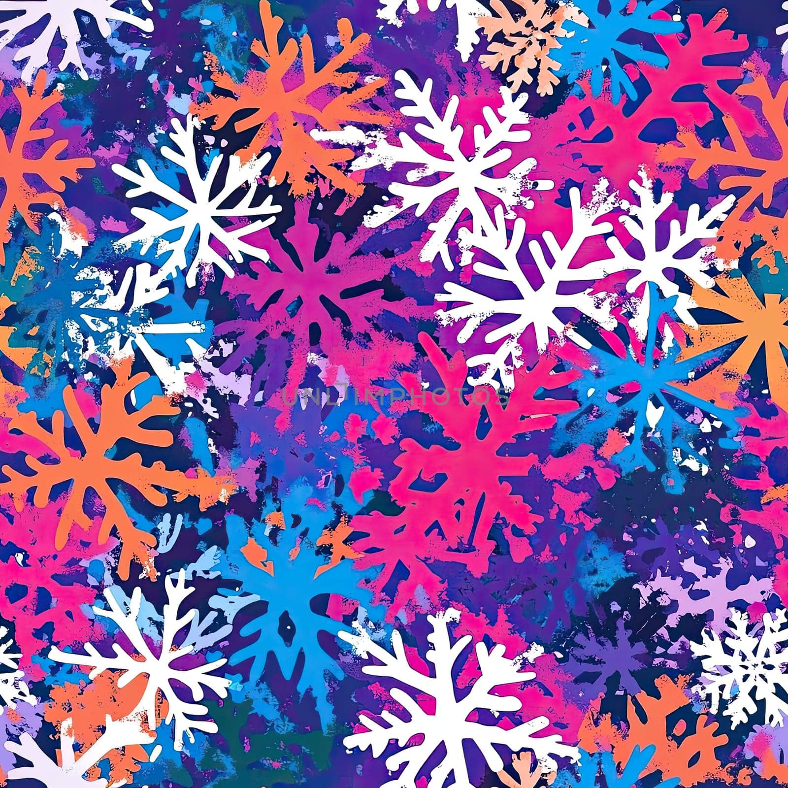 An abstract design filled with snowflakes in vibrant colors such as pink, purple, and blue against a deep background, evoking a playful winter atmosphere.