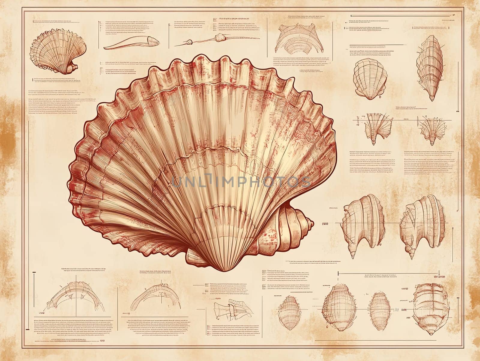 This infographic menu showcases detailed illustrations of a scallop shell from multiple anatomical perspectives, highlighting labels for educational purposes.