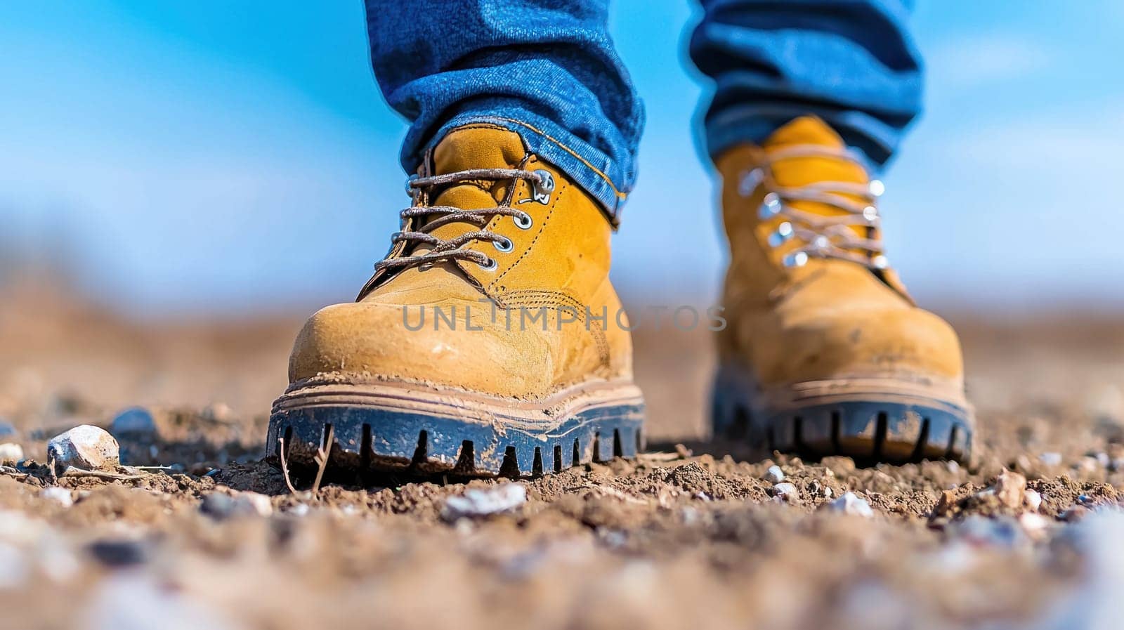 Work boots on rugged terrain, showcasing durability and strength.