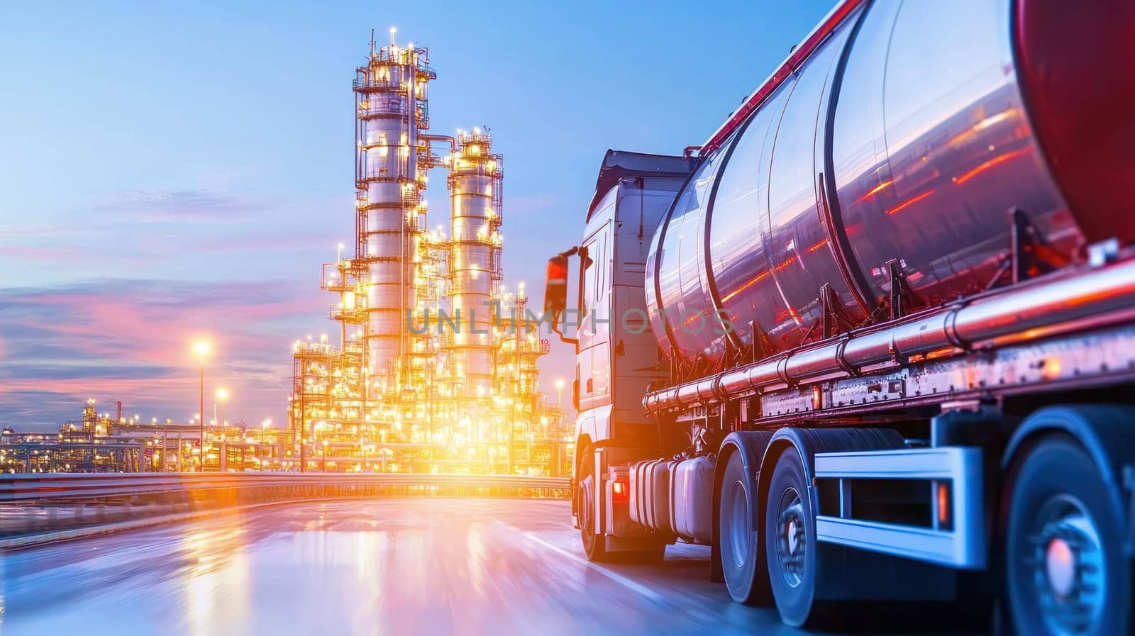 Transport trucks at fuel processing plant during sunset create vibrant scene.
