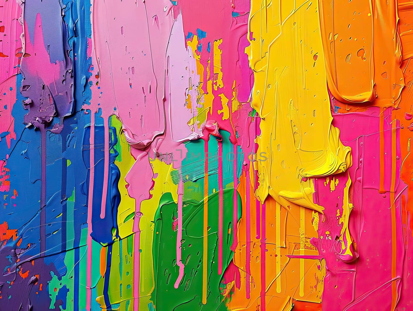 Swirls of vibrant colors mix together, showcasing an artistic expression through thick strokes and drips of paint on a textured surface, radiating energy.