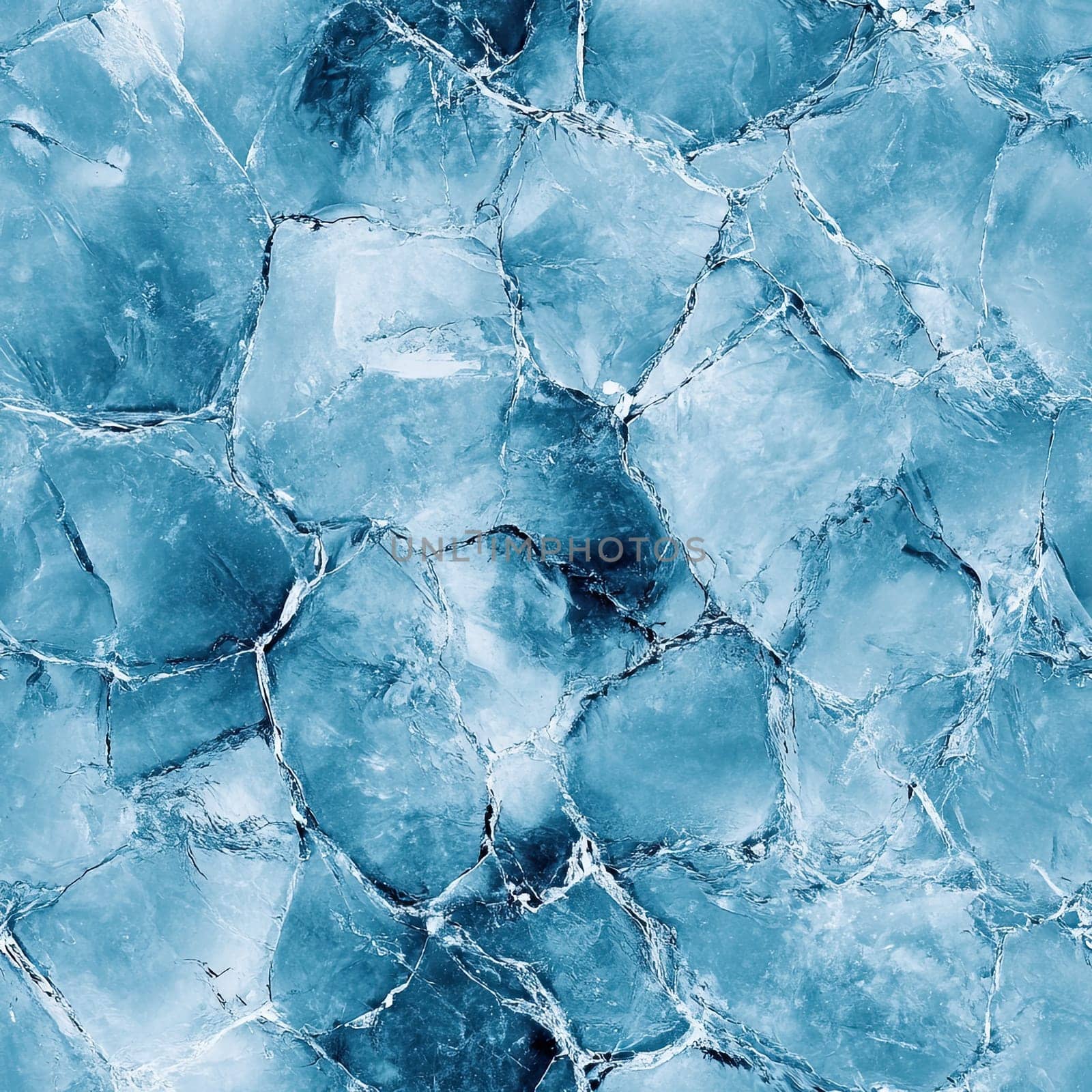 The image illustrates intricate patterns of cracked ice with varying shades of blue, creating a soothing visual in a chilly atmosphere, highlighting nature's artistry.