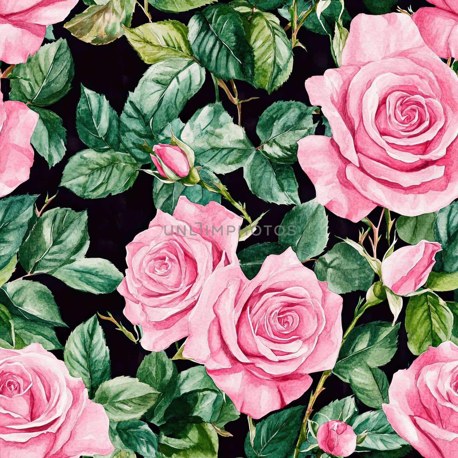 A vibrant arrangement of pink roses occupies the foreground, complemented by rich green leaves, set against a dramatic dark backdrop that enhances the floral beauty.