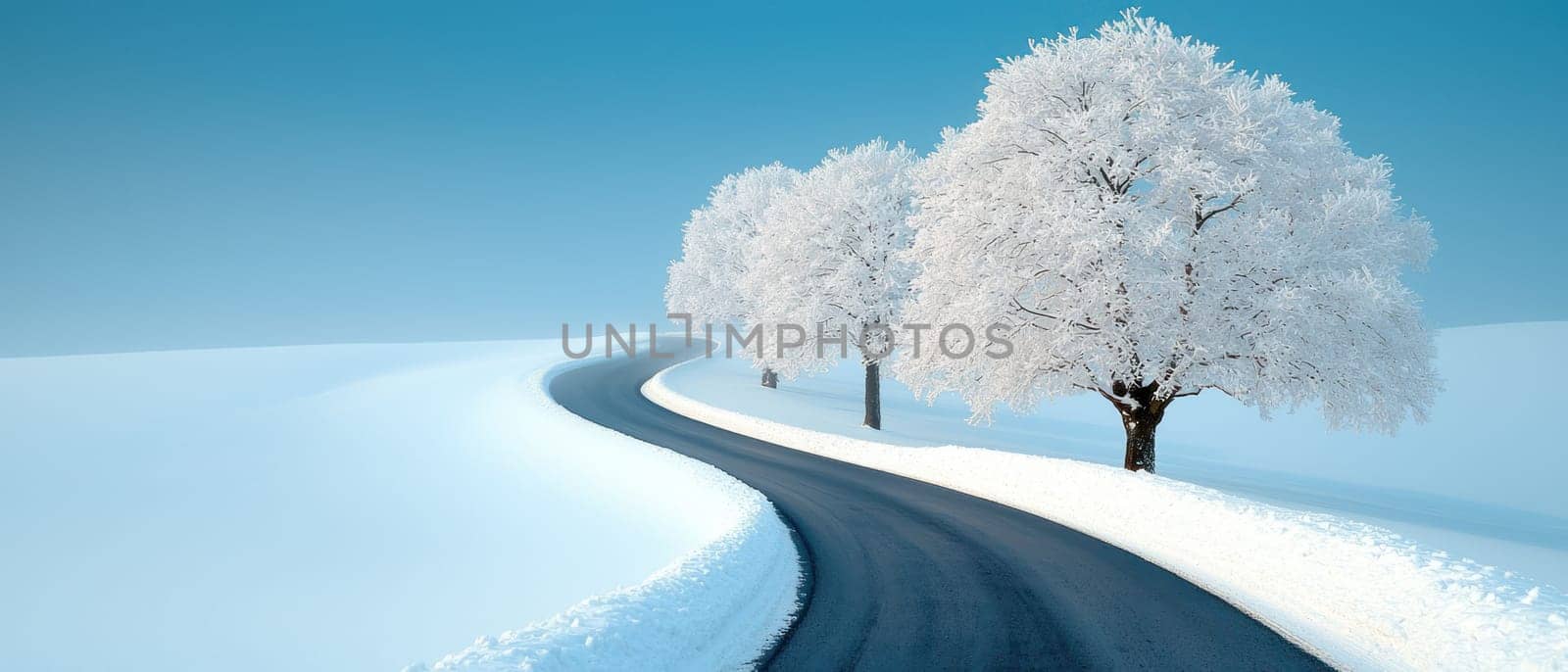 serene winter scene with snow covered trees lining winding road.
