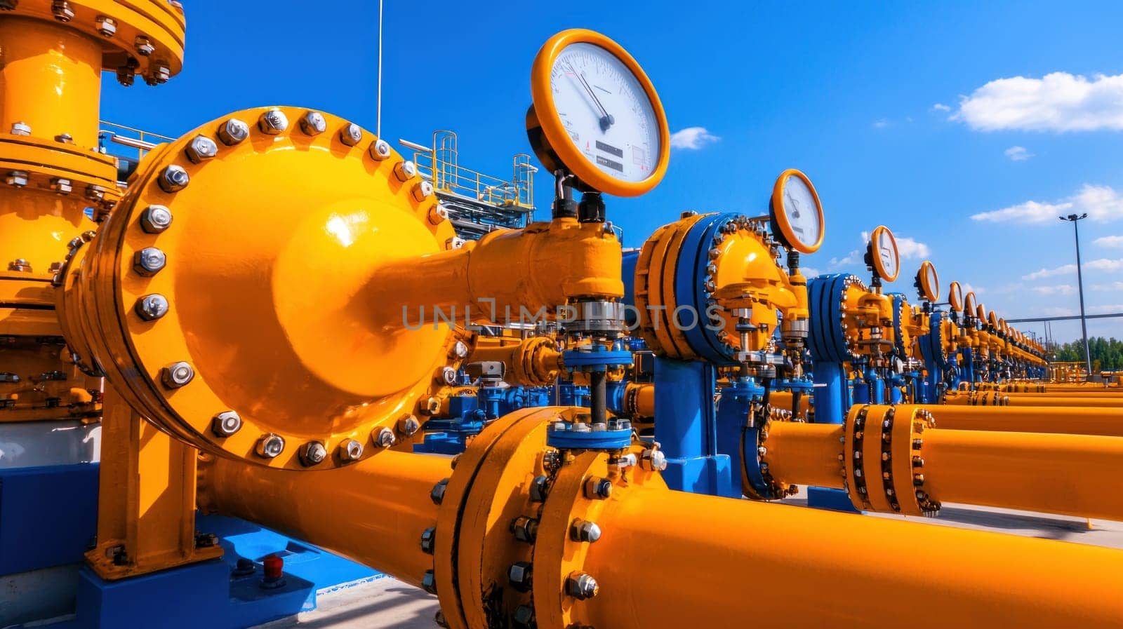 High tech fuel refinery plant with vibrant orange pipelines and gauges.