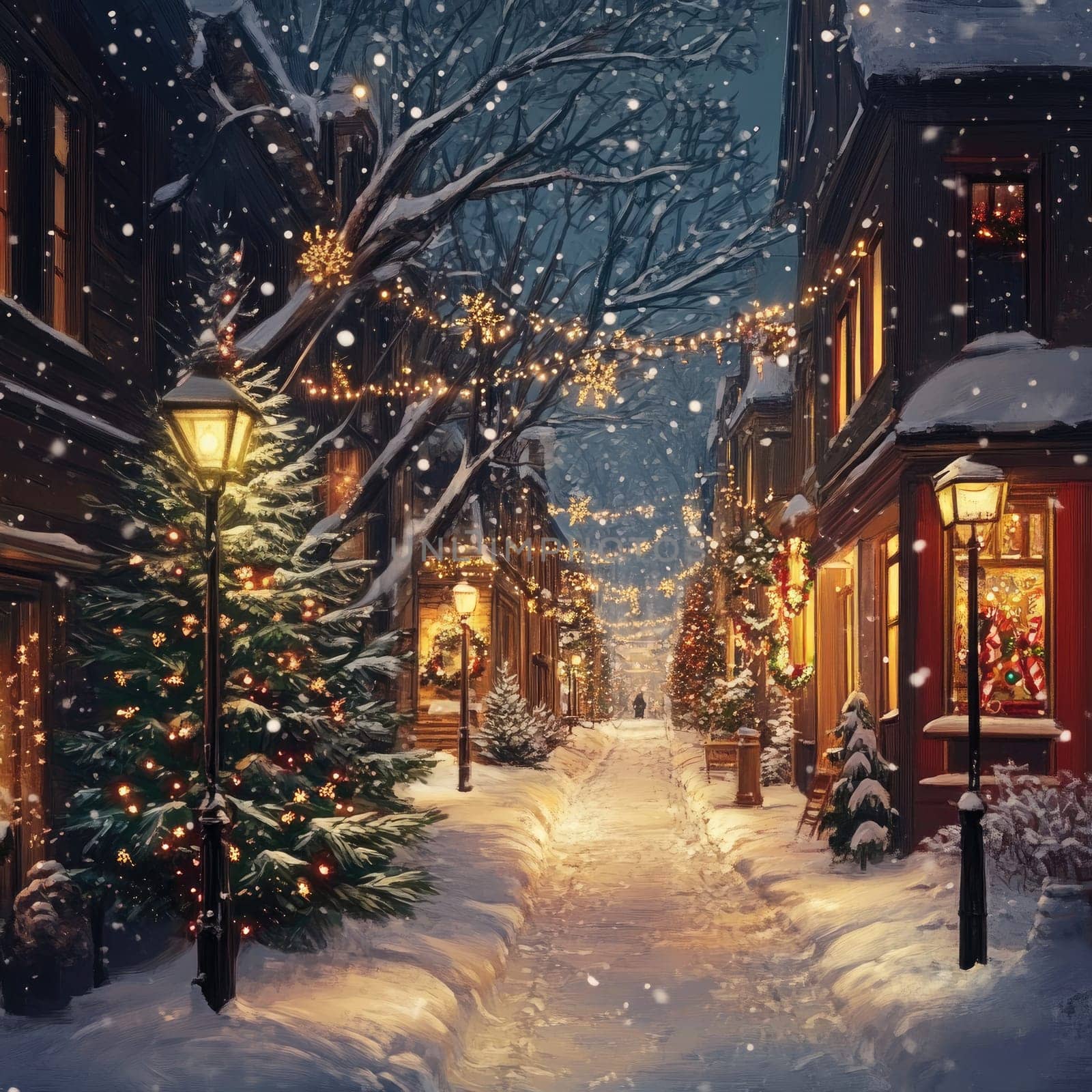 A serene winter evening unfolds as a snow-covered street comes alive with twinkling lights and decorated trees, inviting festive cheer during the holiday season.