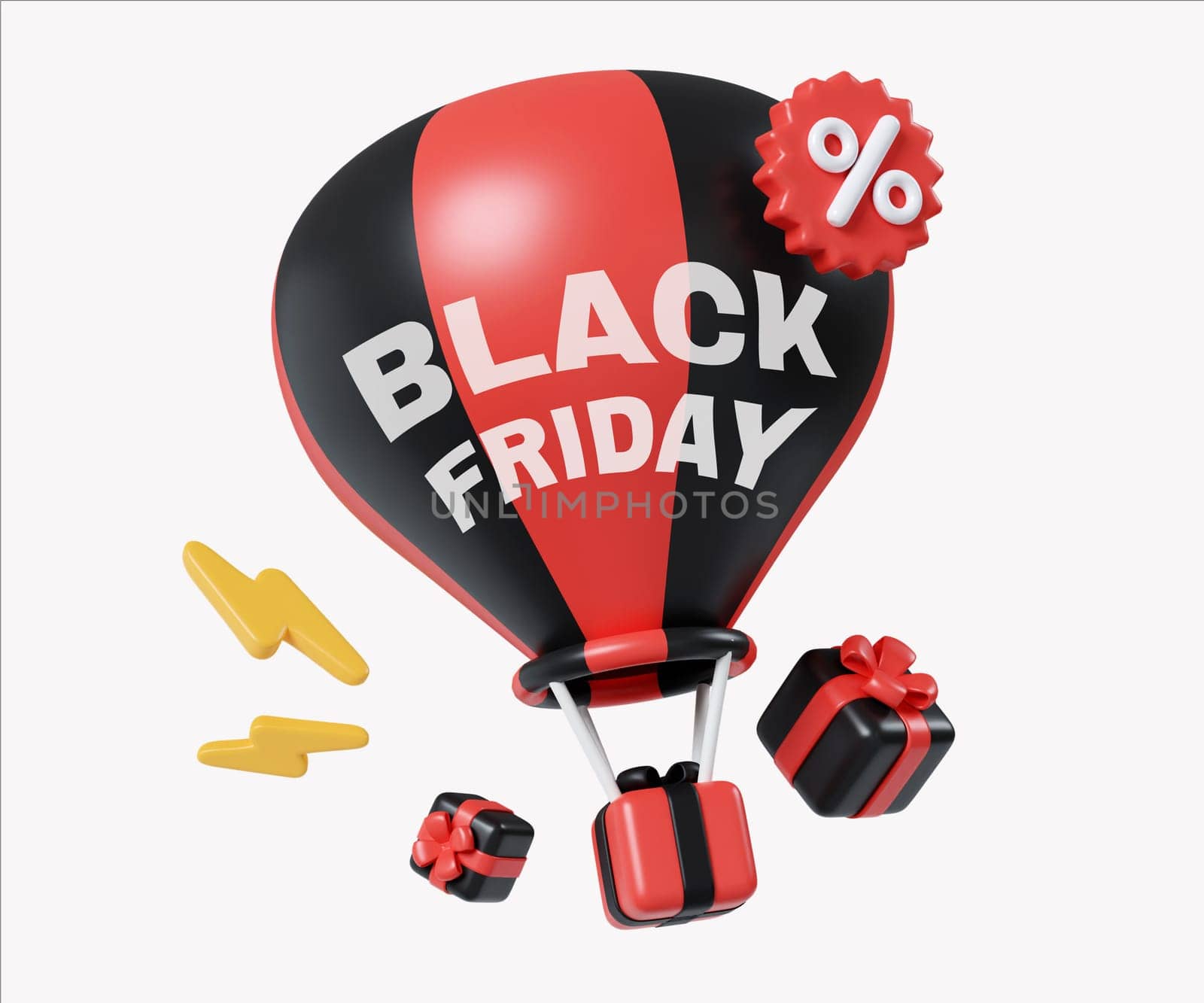 A 3D render of a Black Friday themed hot air balloon carrying gifts and discount symbols, emphasizing festive shopping excitement