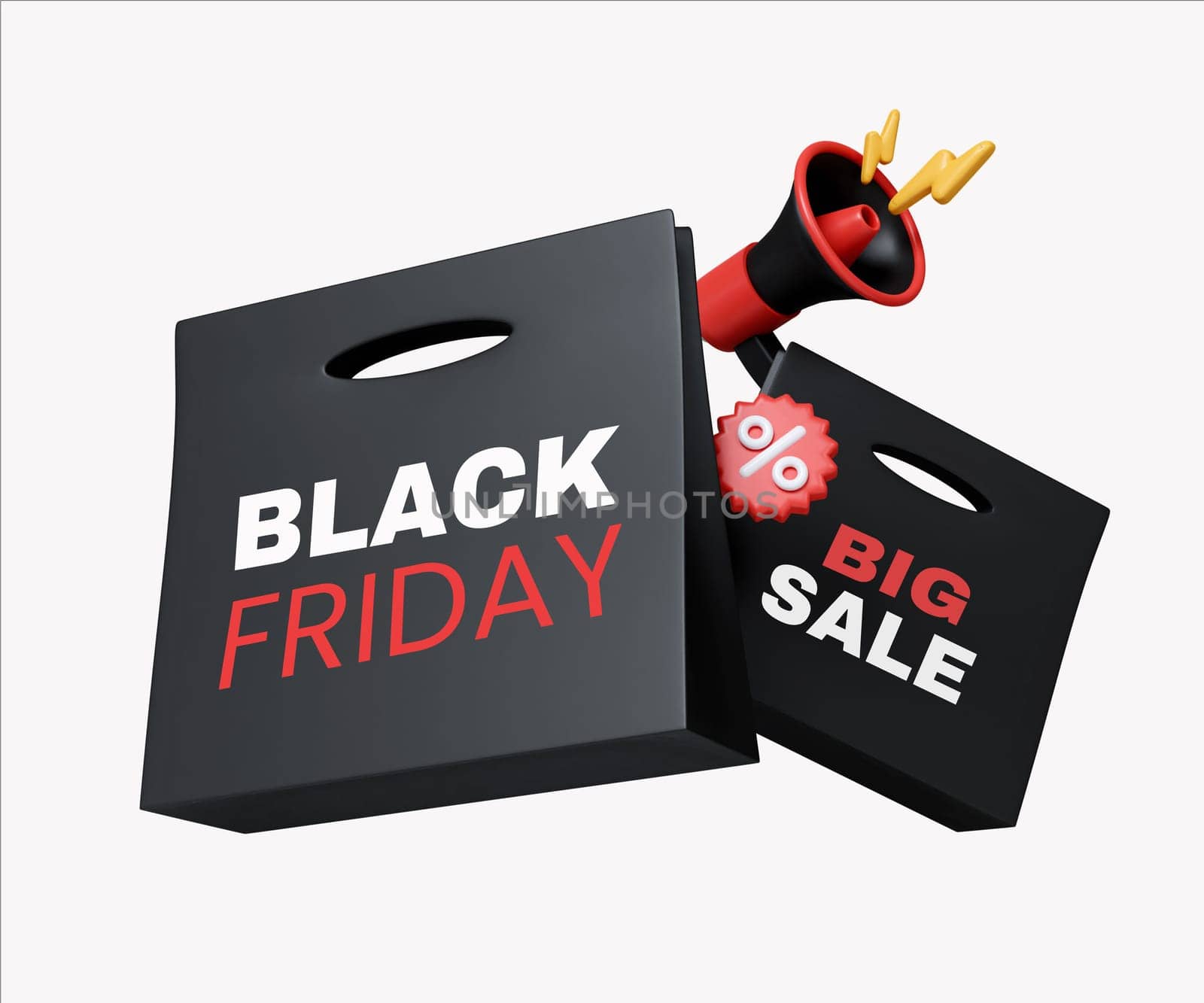 A 3D render of Black Friday shopping bags featuring a big sale alert symbolizing retail excitement and consumer promotion trends