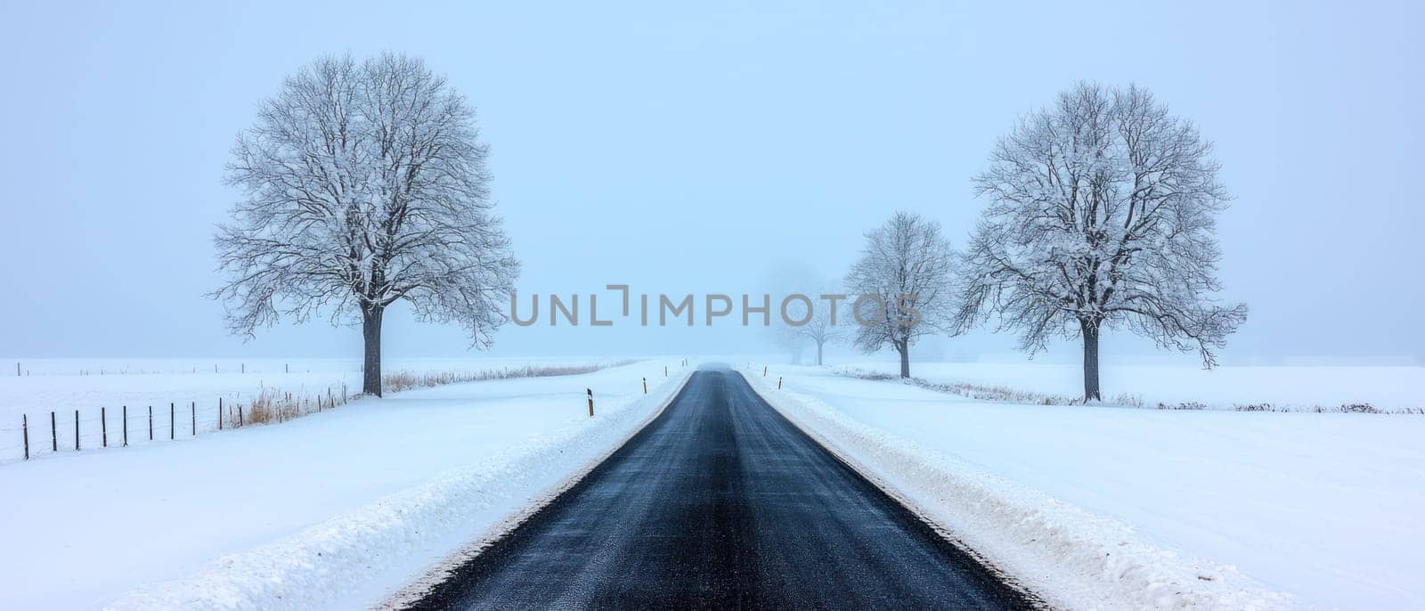 serene winter scene with snow covered trees lining quiet country road.