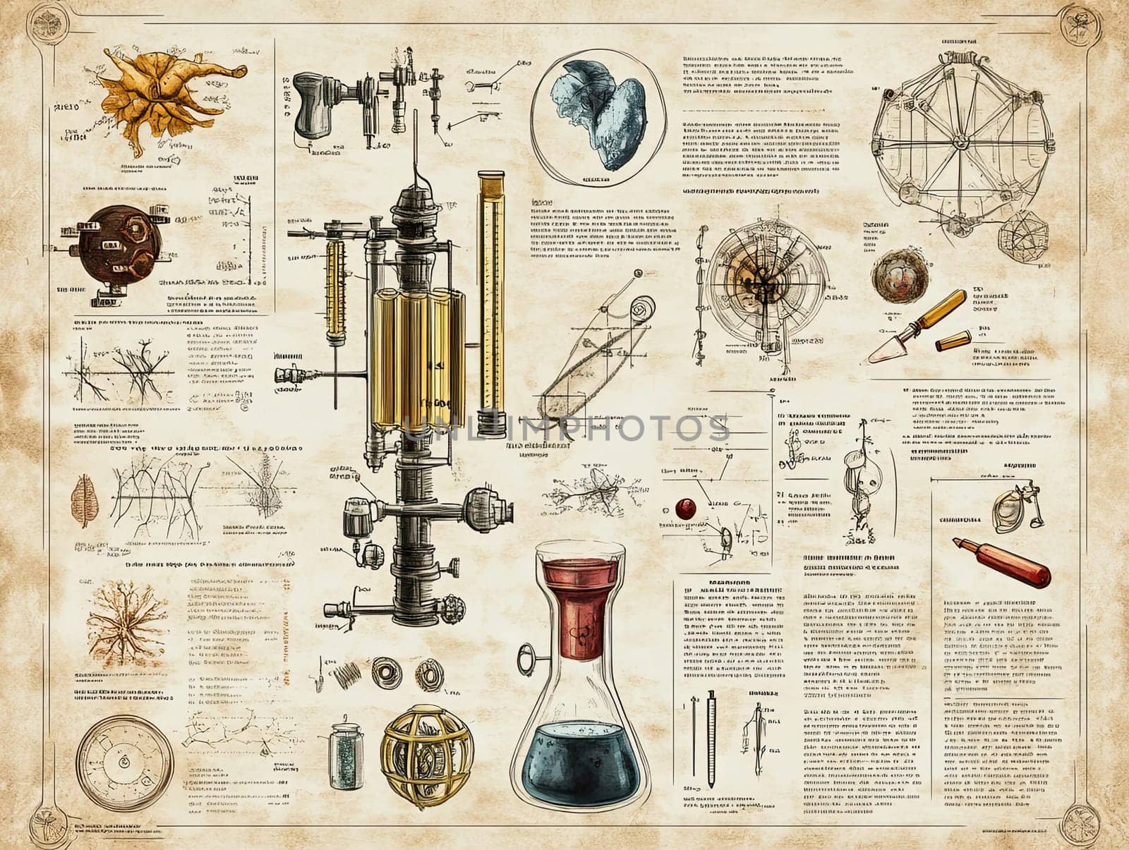 Detailed illustrations highlight various vintage scientific instruments, diagrams, and theories from the late 19th century, emphasizing advancements in chemistry and physics exploration.