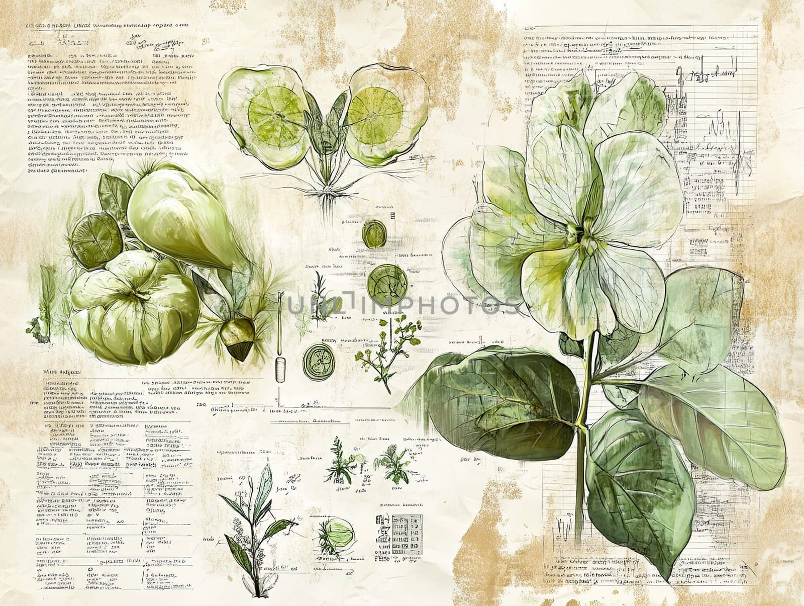 Details of lime fruit and leaves are beautifully illustrated against a vintage paper backdrop, complete with scientific annotations and botanical sketches.
