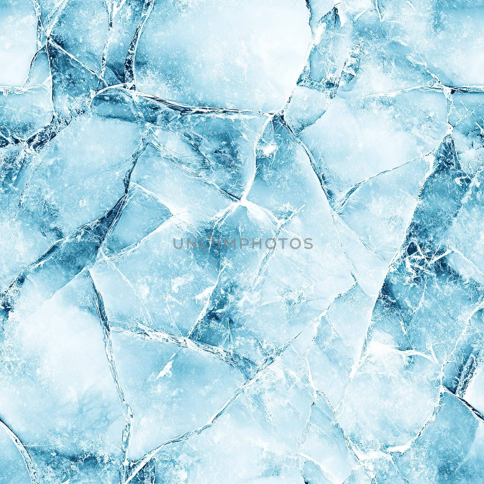 The image showcases intricate patterns of cracked ice revealing various shades of blue. This frozen landscape captures the essence of winter's chill and beauty.