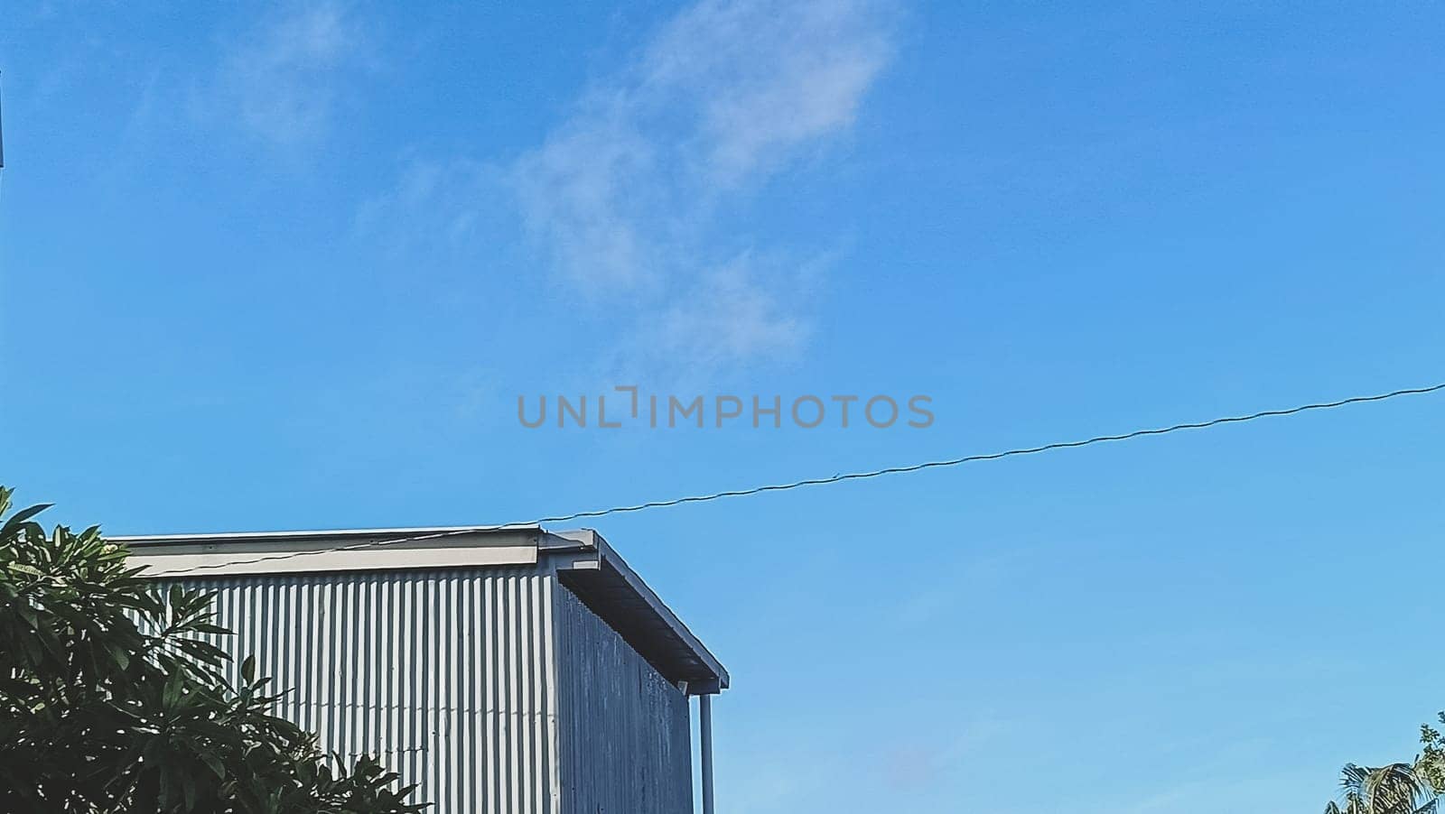 A warehouse and a tree under the blue sky. The warehouse placed beside a tree. The warehouse and the tree shined by the sun.