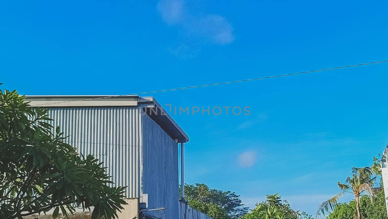 A warehouse and a tree under the blue sky. The warehouse placed beside a tree. The warehouse and the tree shined by the sun.