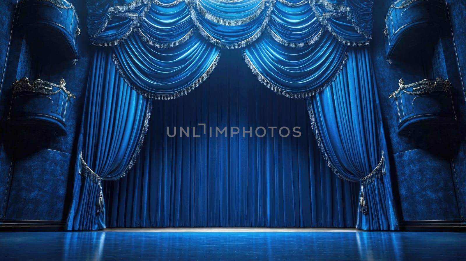 The luxurious blue velvet curtains draw back in a spacious theater, inviting an audience to experience an upcoming performance filled with creativity and talent.